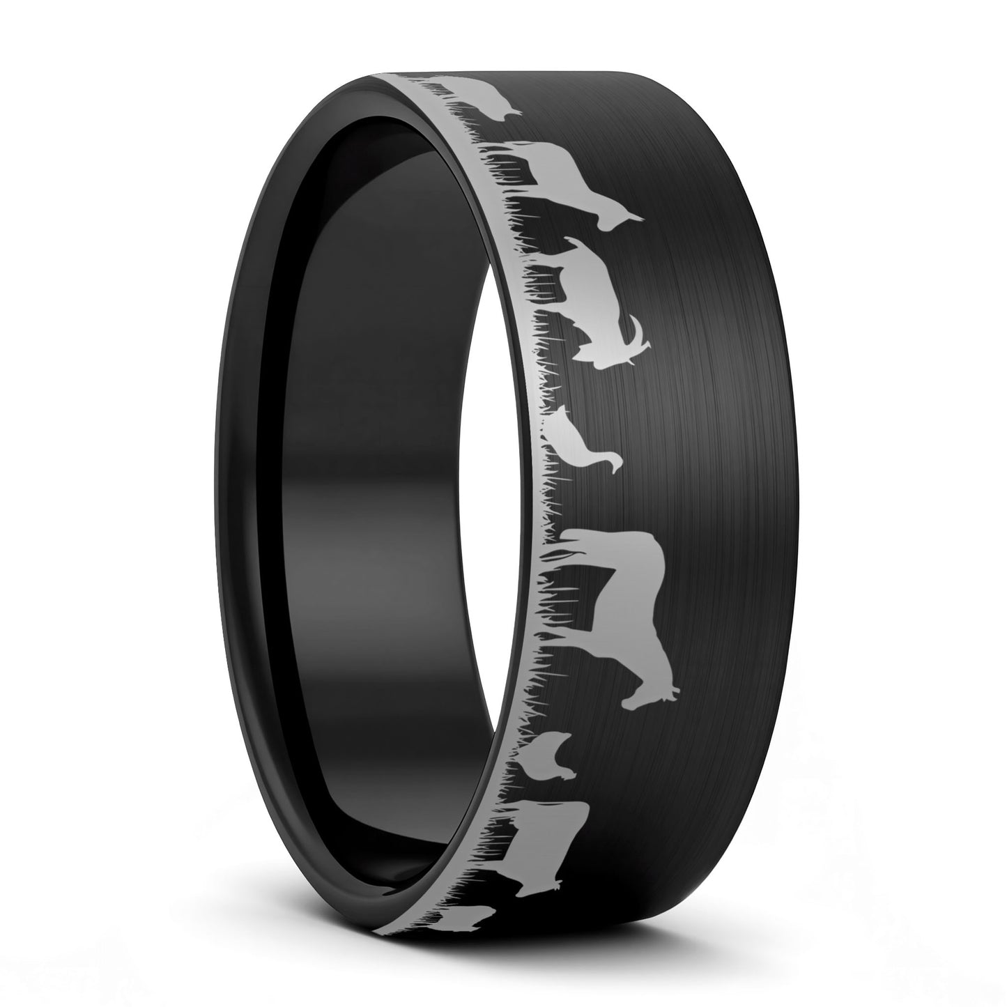 A farm animals brushed black tungsten men's wedding band displayed on a plain white background.