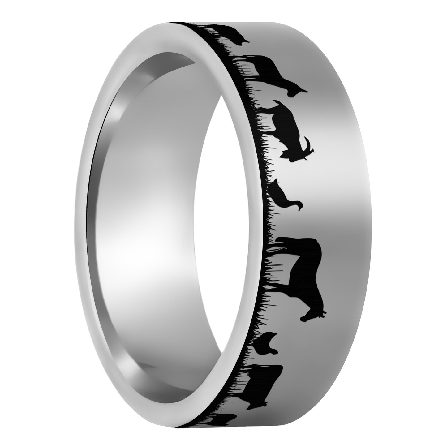 One Farm Animals Tungsten Men's Wedding Band displayed on a plain white background