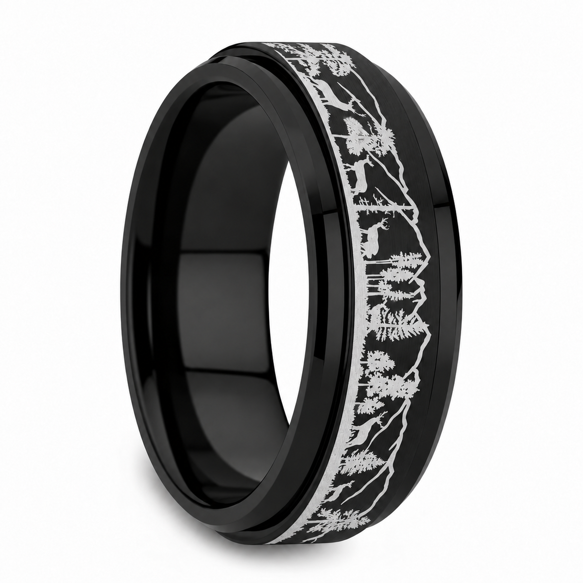 Deer & Mountain Range Engraved Spinner Tungsten Wedding Band