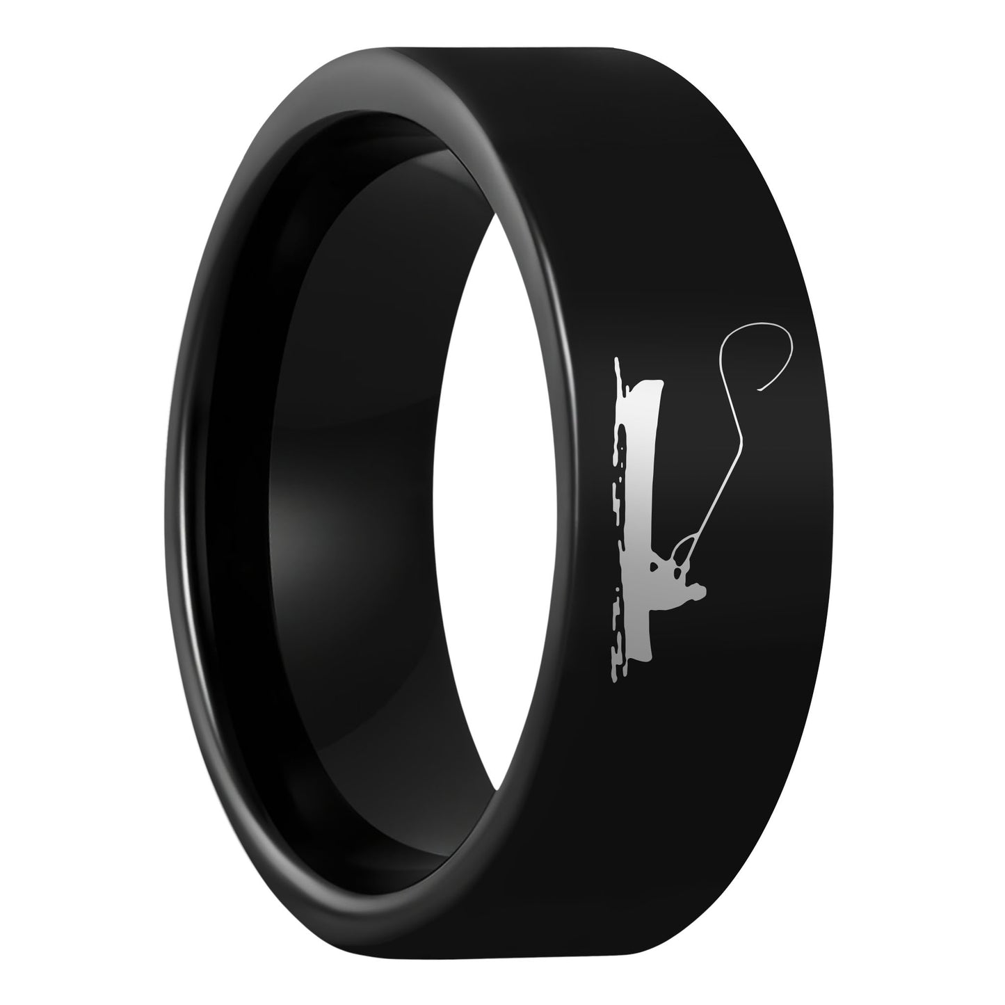 One Fisherman Boat Scene Black Tungsten Men's Wedding Band displayed on a plain white background