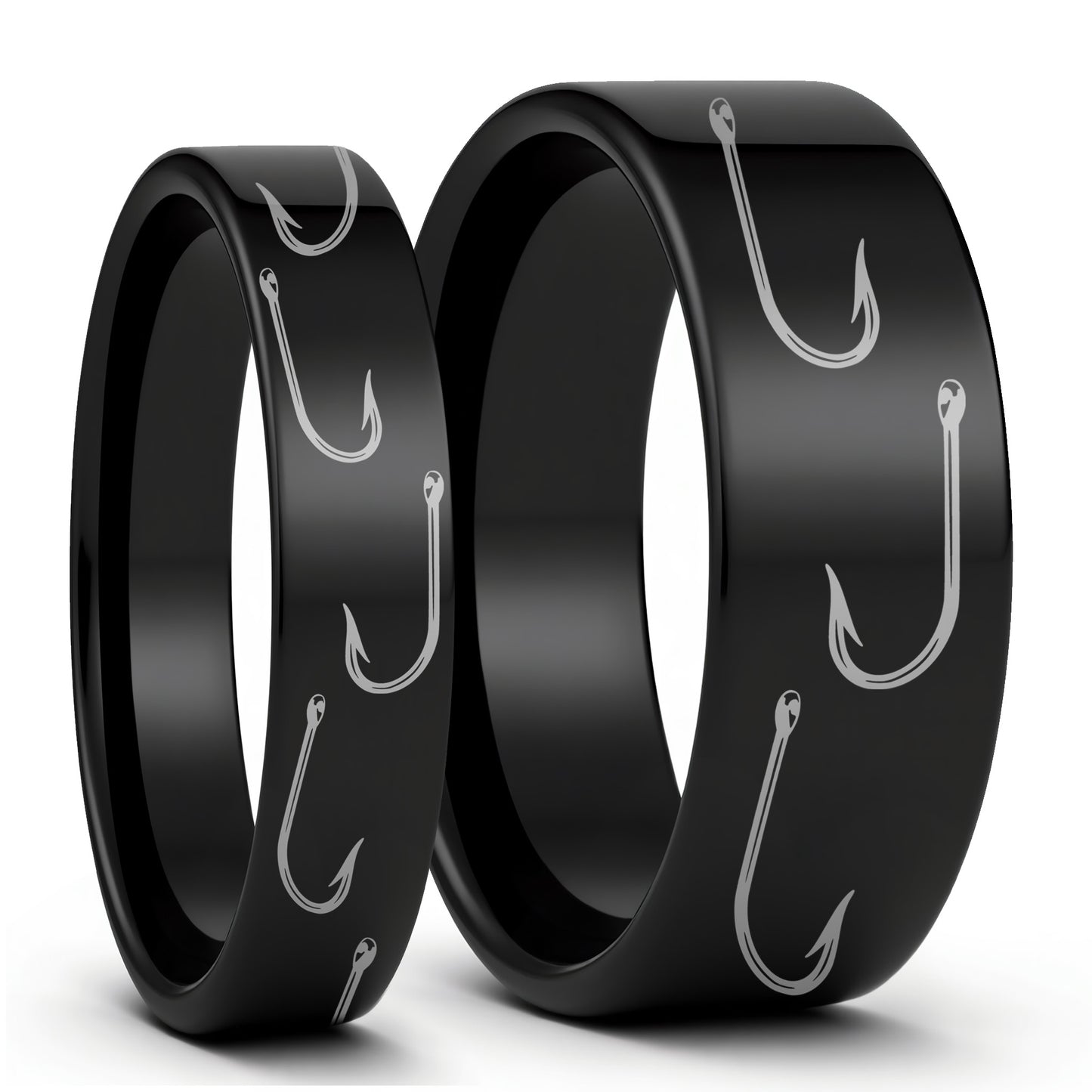 One Fishing Hook Black Tungsten Couple's Matching Wedding Band Set displayed on a plain white background