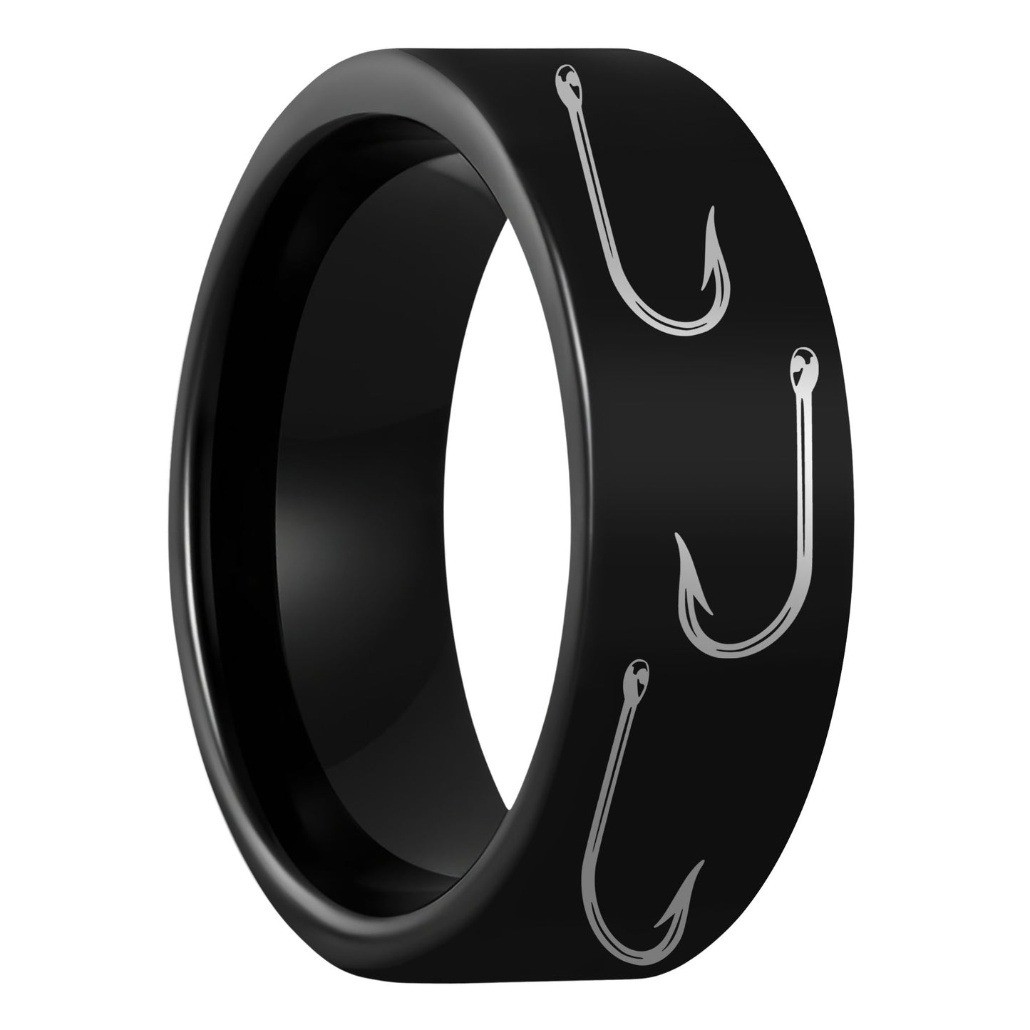 One Fishing Hook Black Tungsten Men's Wedding Band displayed on a plain white background