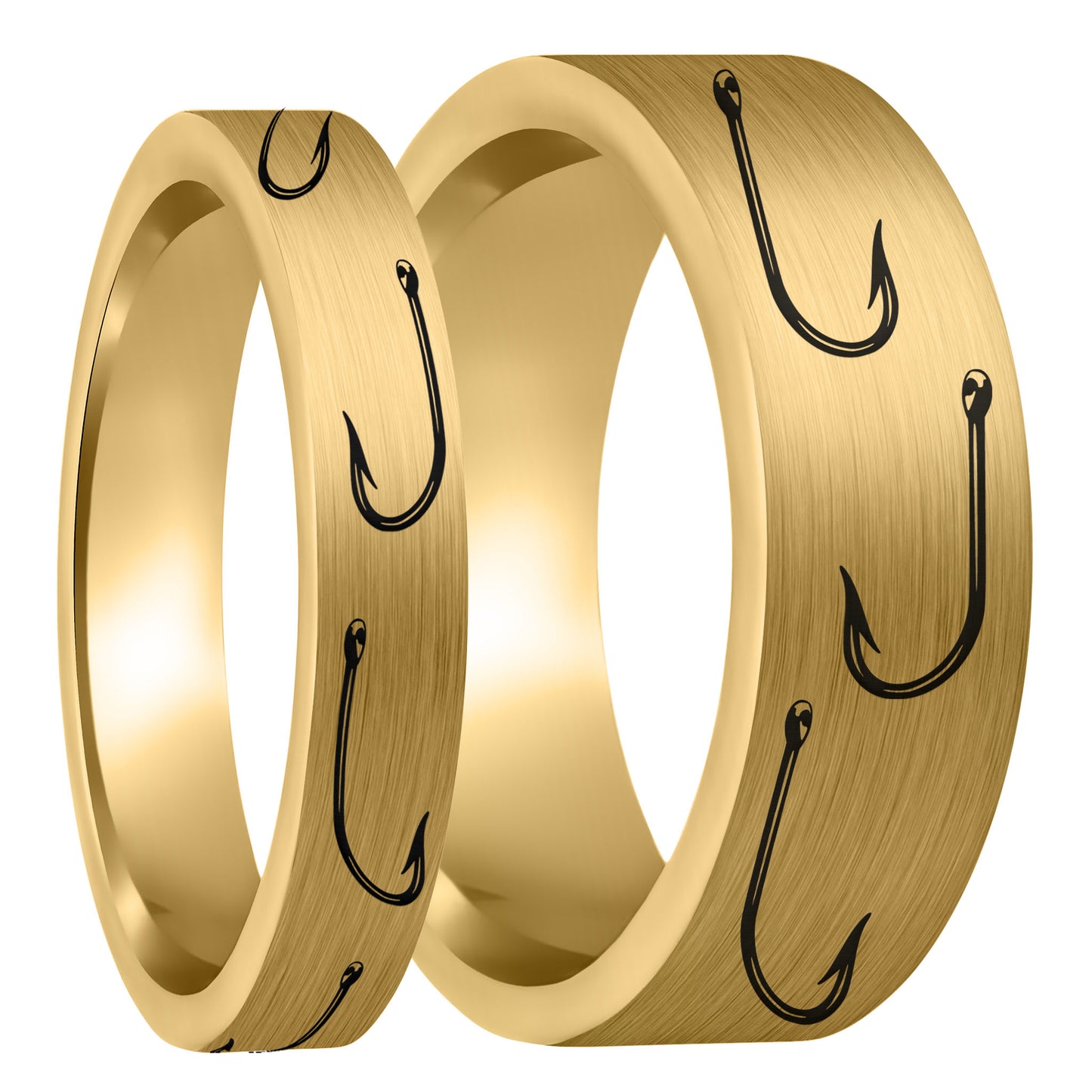 Fishing Hook Brushed Gold Tungsten Couple's Matching Wedding Band Set