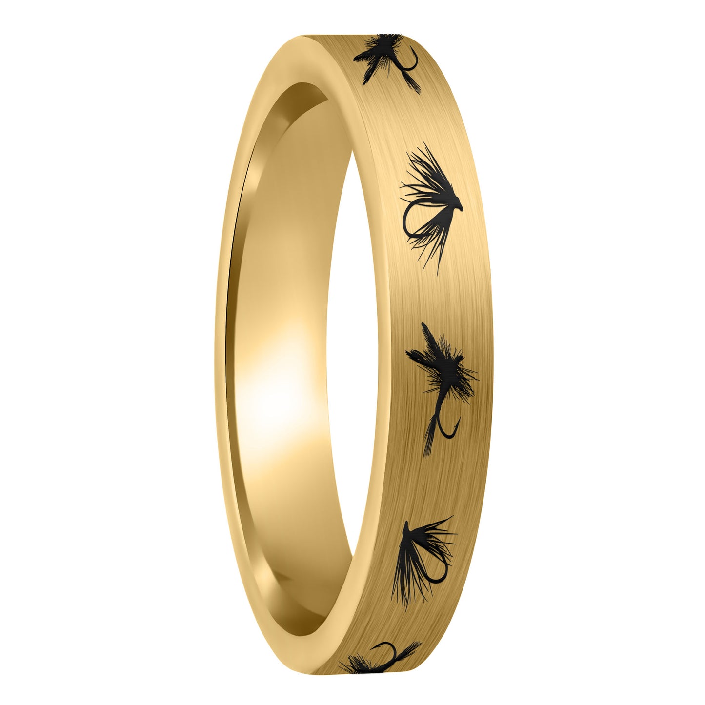 A fly fishing lures brushed gold tungsten women's wedding band displayed on a plain white background.