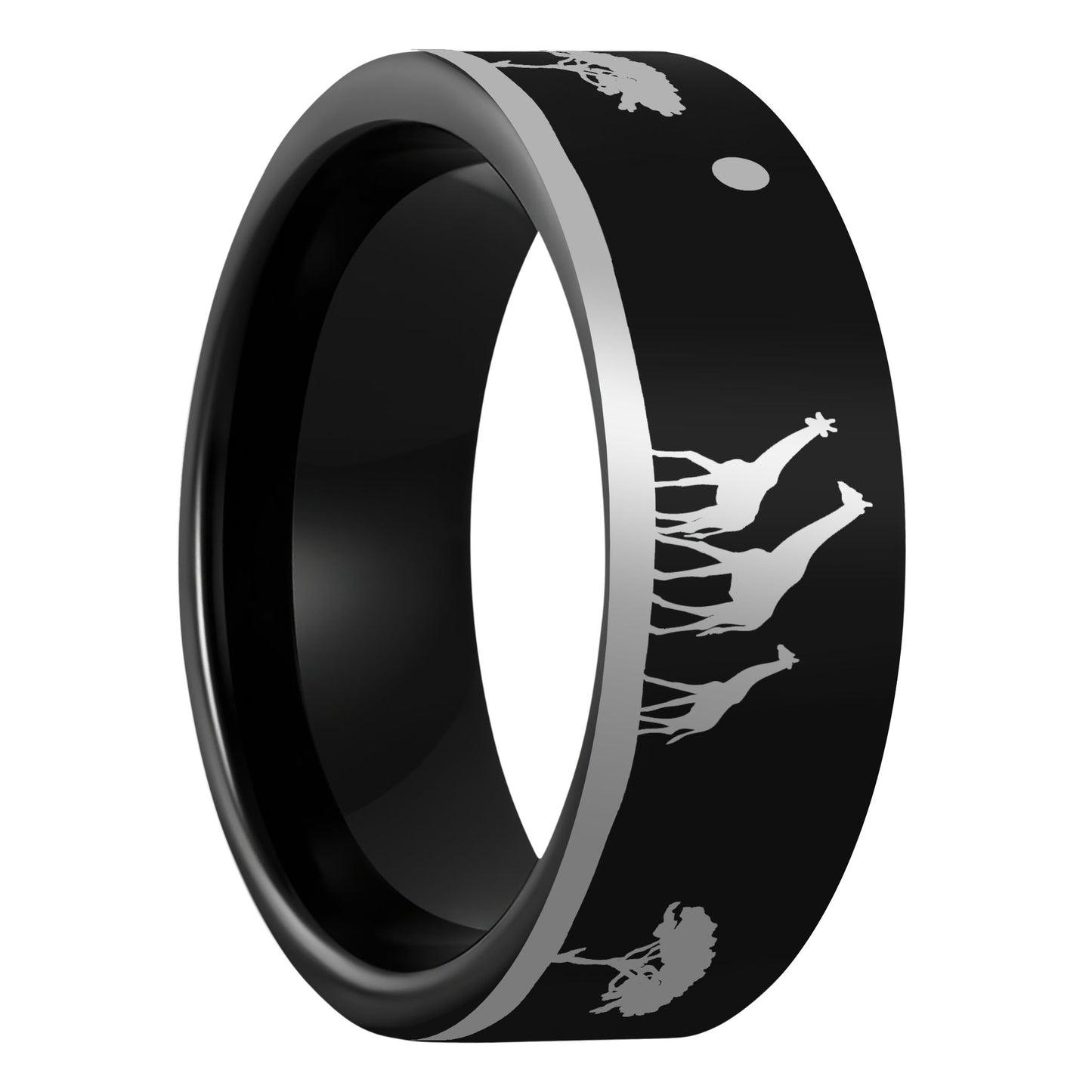 One Giraffe Black Tungsten Men's Wedding Band displayed on a plain white background