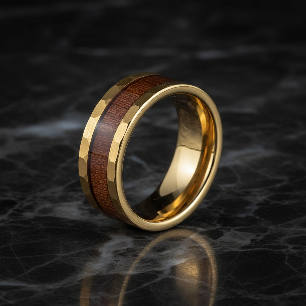 Gold Hammered Tungsten Men's Wedding Band with Wood Inlay