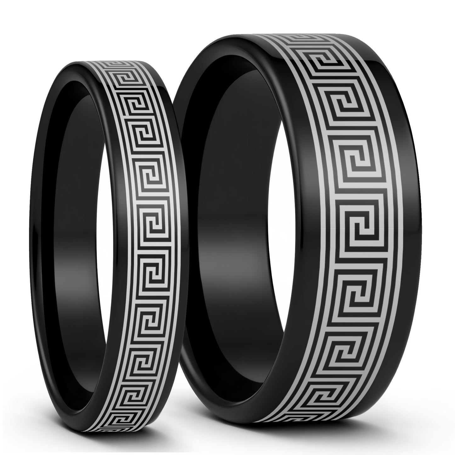 Greek Key Tungsten Couple's Matching Wedding Band Set