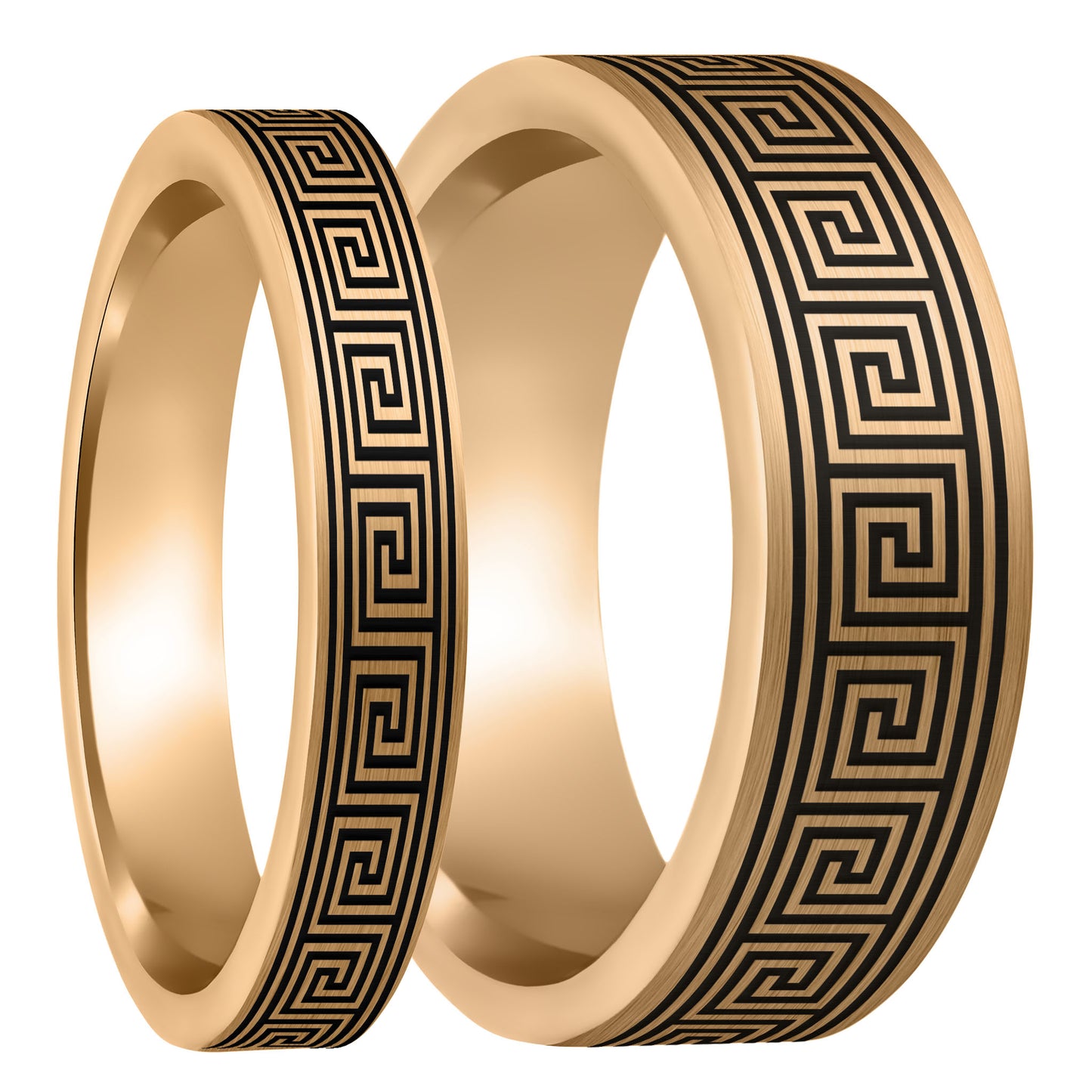 Greek Key Brushed Rose Gold Tungsten Couple's Matching Wedding Band Set