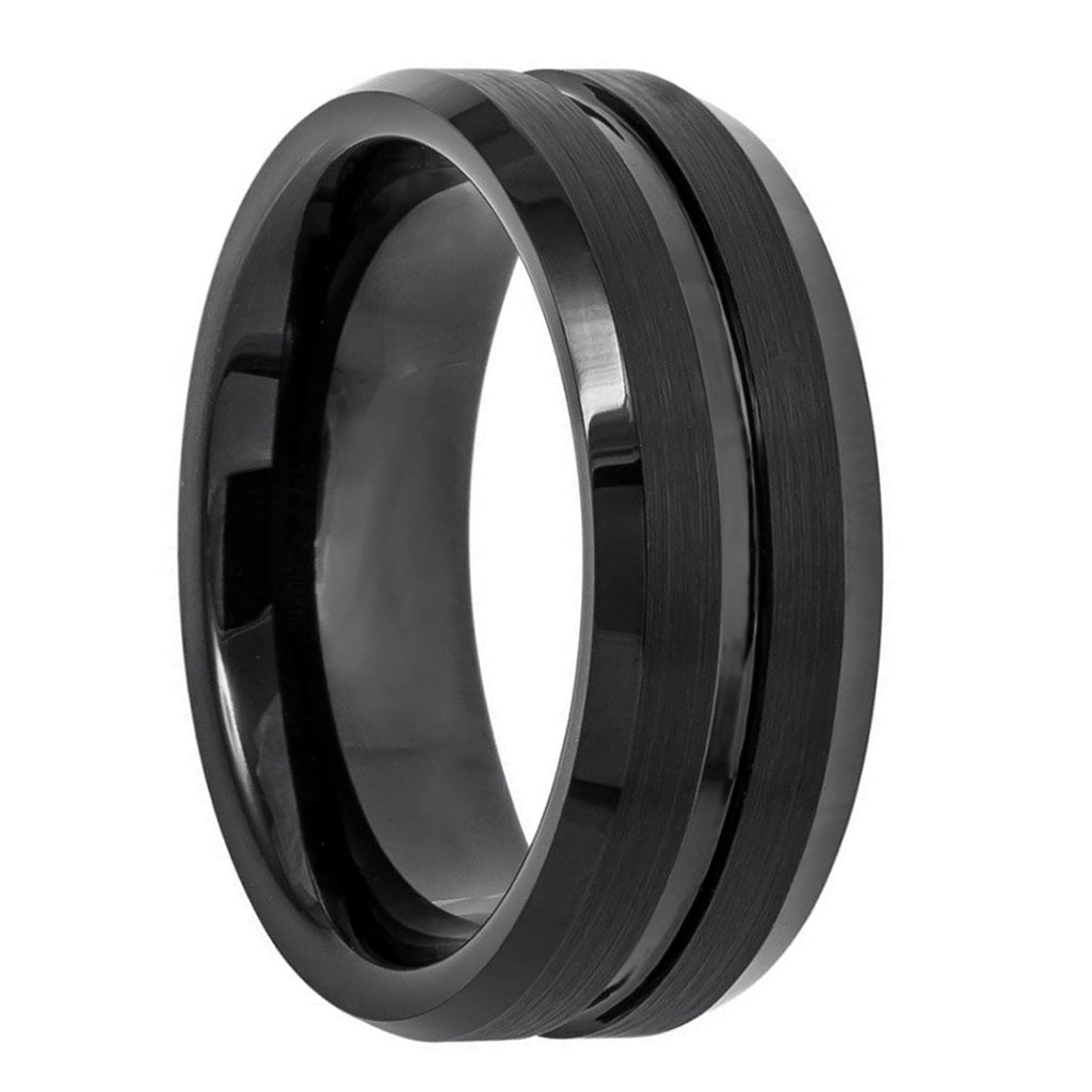 Alliance pour homme en tungstène noir rainuré
