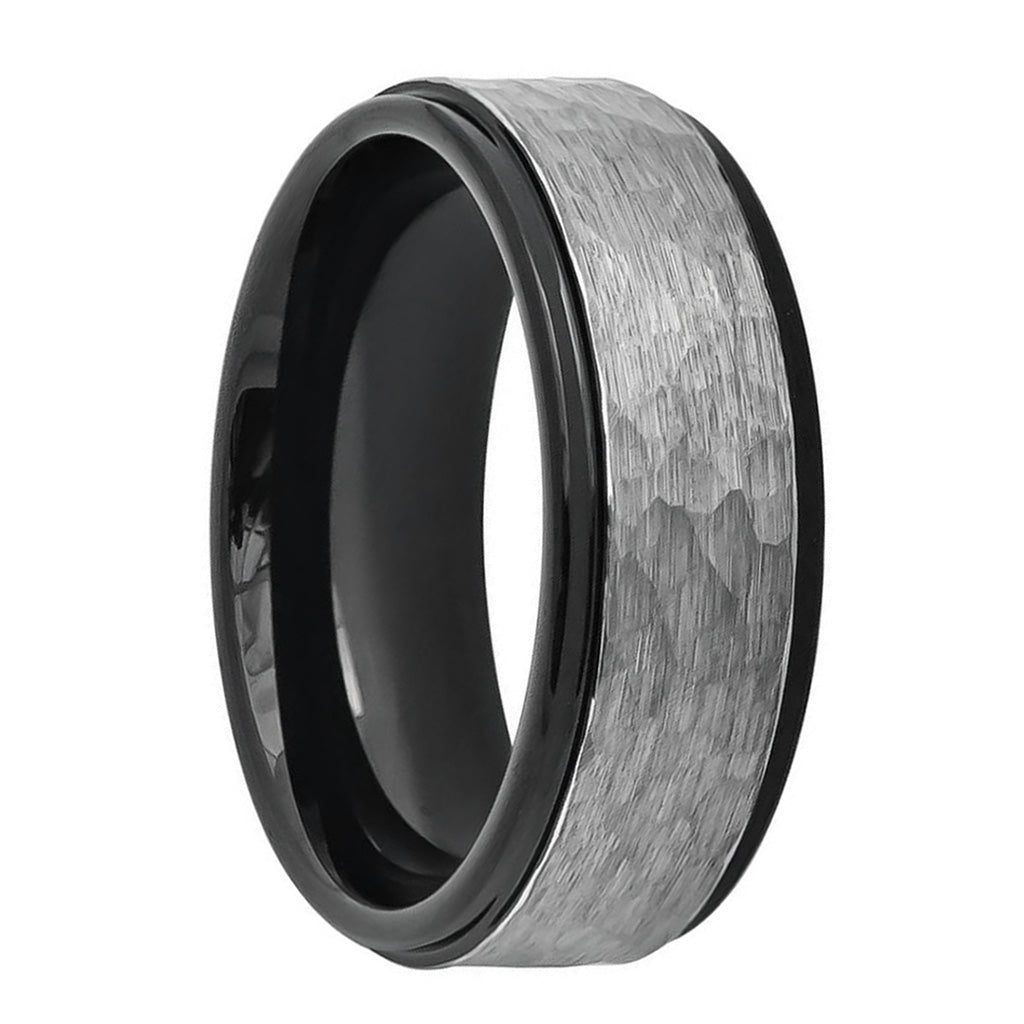Hammered Brushed Tungsten Couple's Matching Wedding Band Set with Black Interior