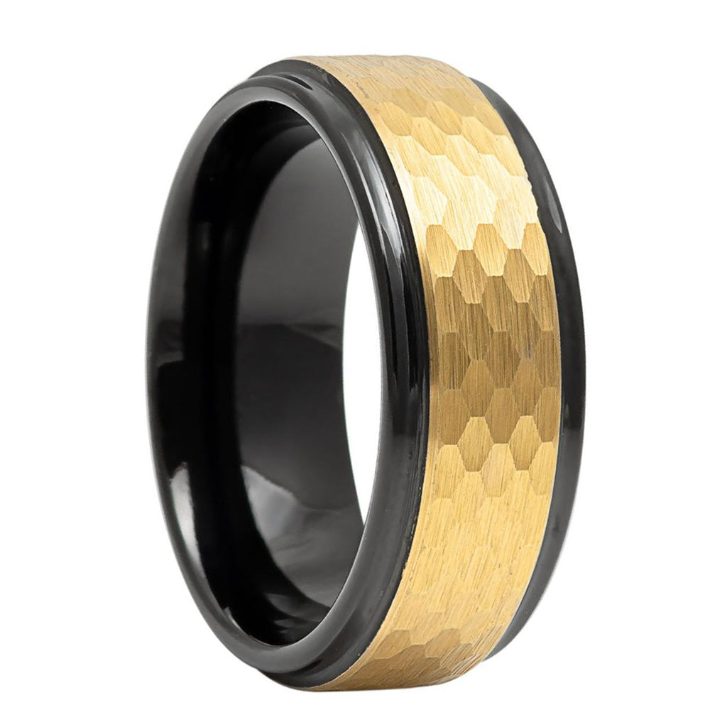 Hammered Yellow Gold & Black Tungsten Men's Wedding Band