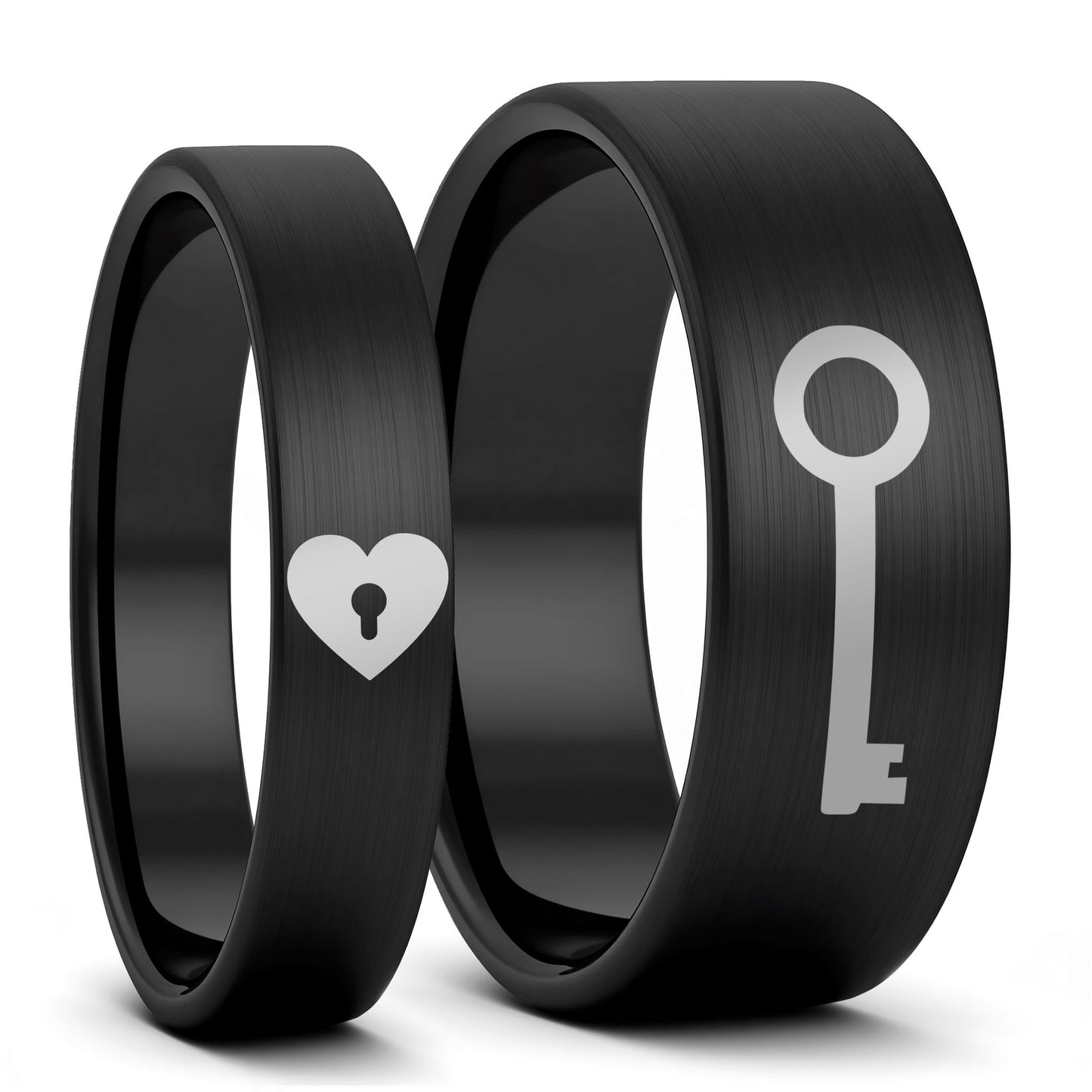 Heart Lock & Key Brushed Tungsten Couple's Matching Wedding Band Set