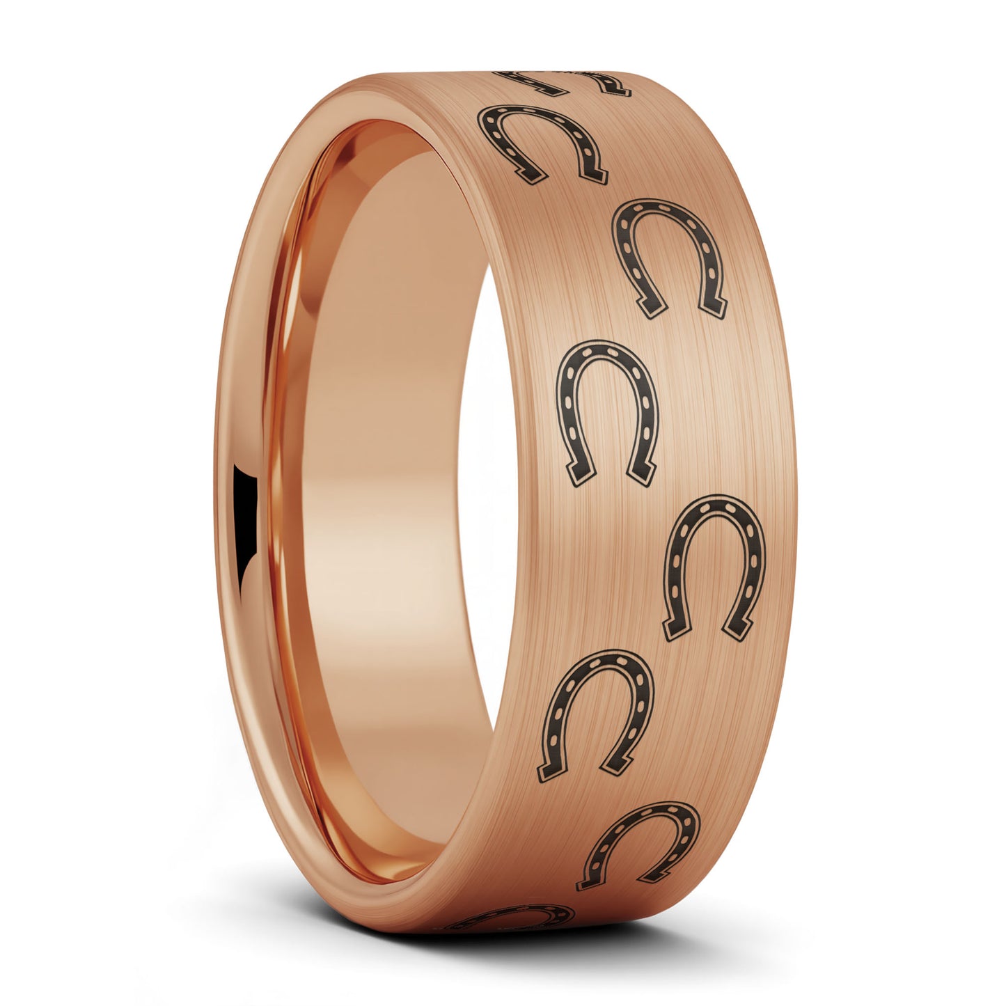 A horseshoes brushed rose gold tungsten men's wedding band displayed on a plain white background.
