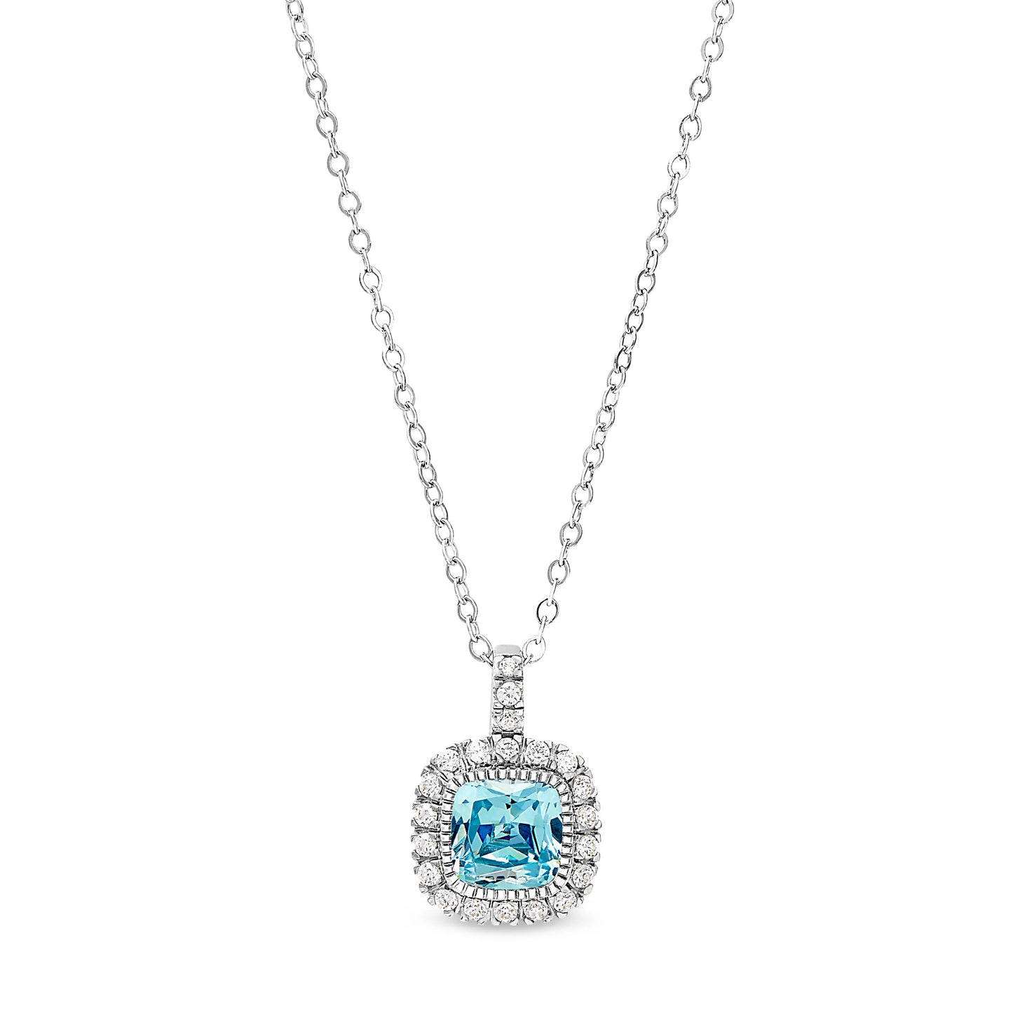 Cushion Cut Birthstone Halo Style Sterling Silver Necklace