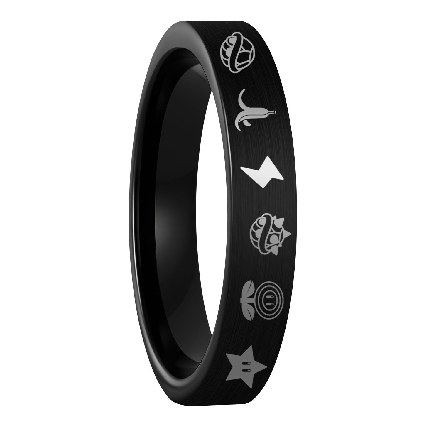 Anillo de bodas de tungsteno negro cepillado para mujer con elementos de Mario Kart