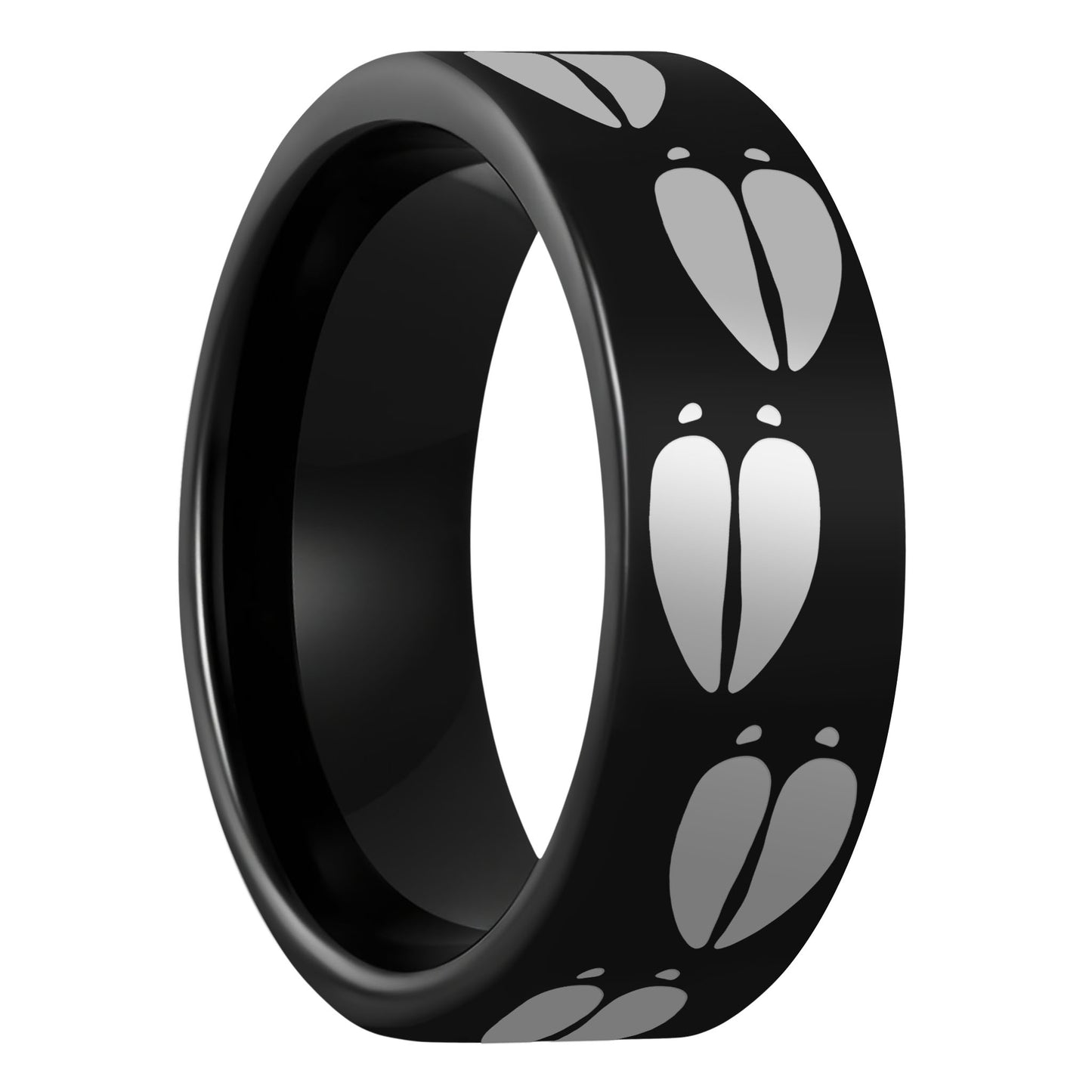 One Moose Tracks Black Tungsten Men's Wedding Band displayed on a plain white background