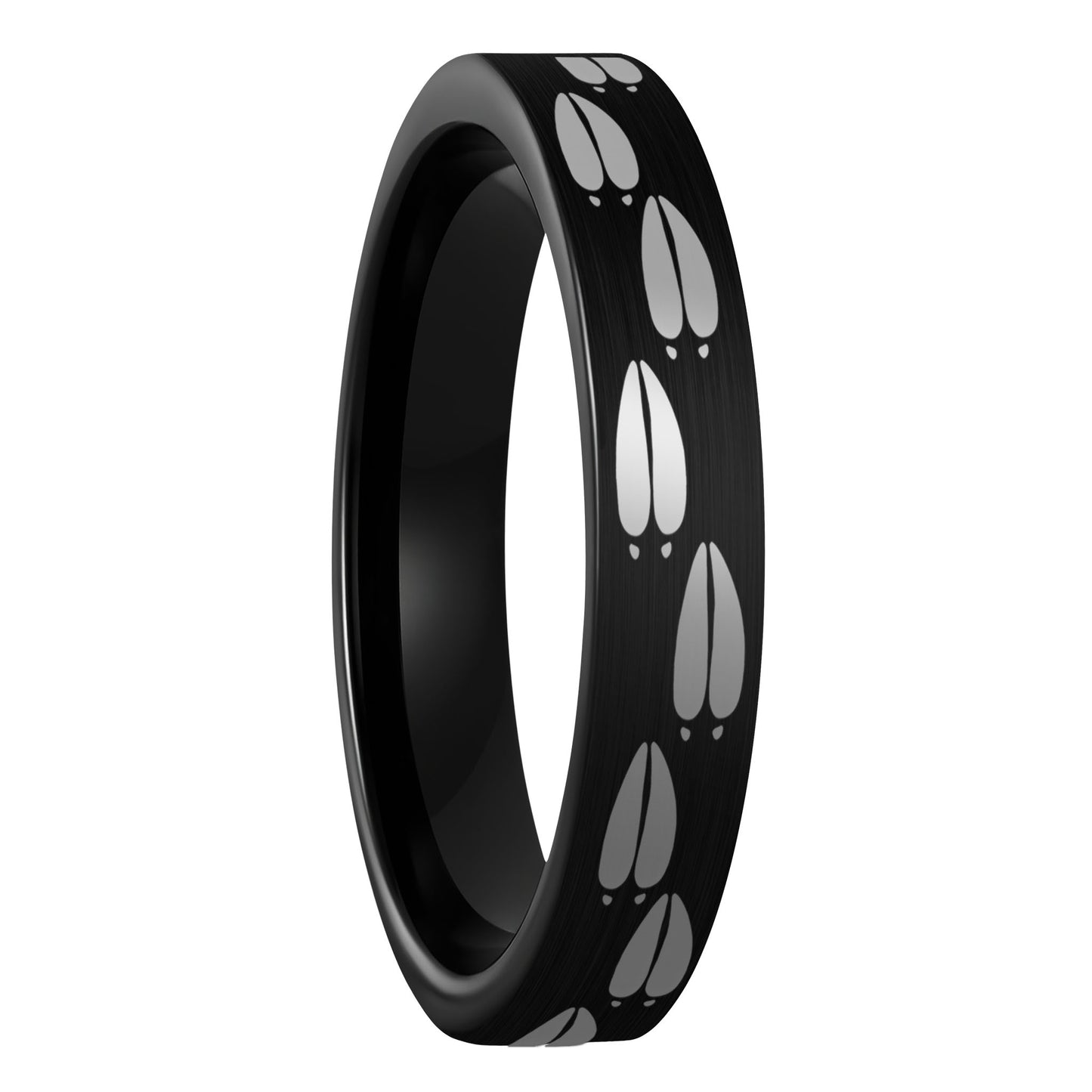 A moose tracks brushed black tungsten women's wedding band displayed on a plain white background.