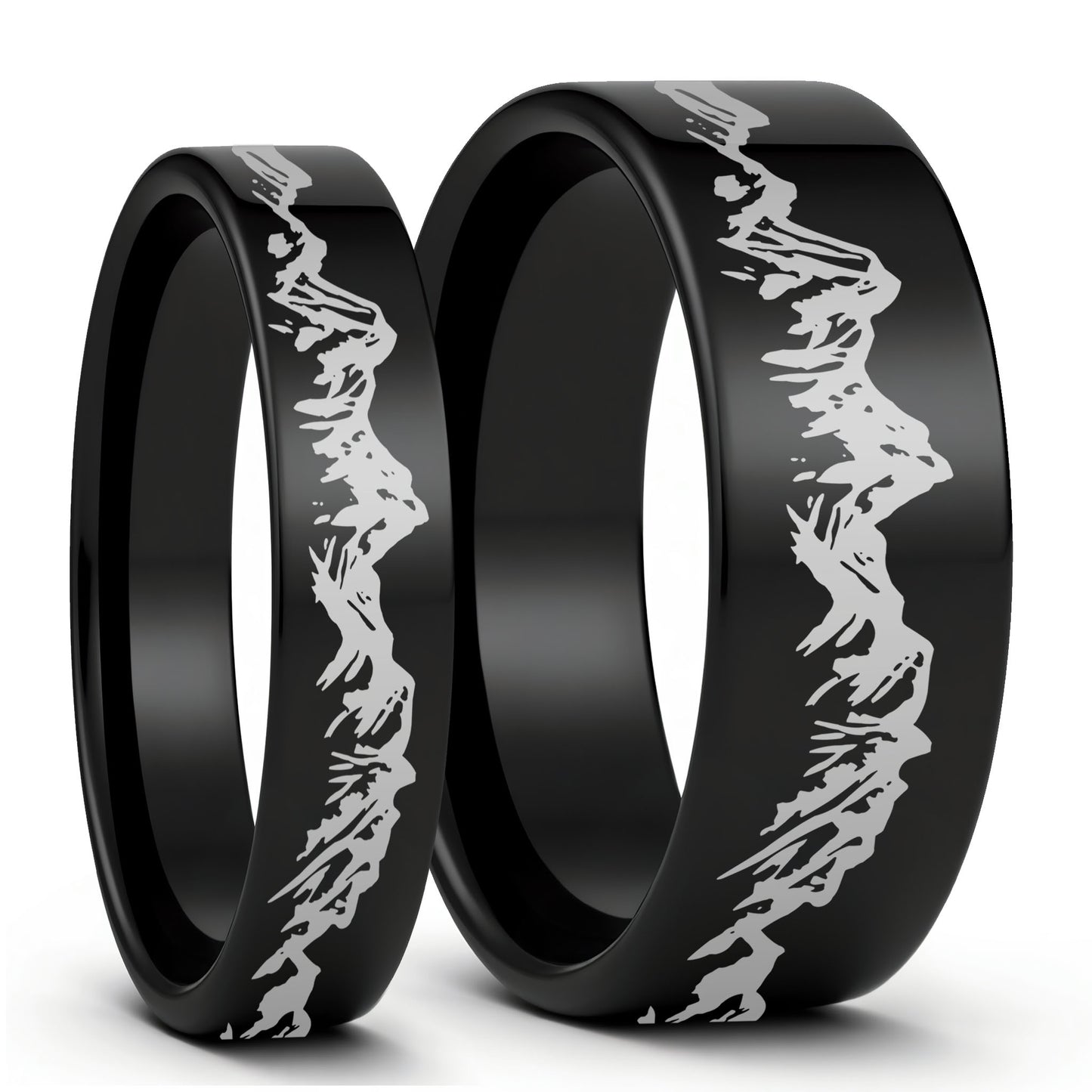 Mountain Range Black Tungsten Couple's Matching Wedding Band Set