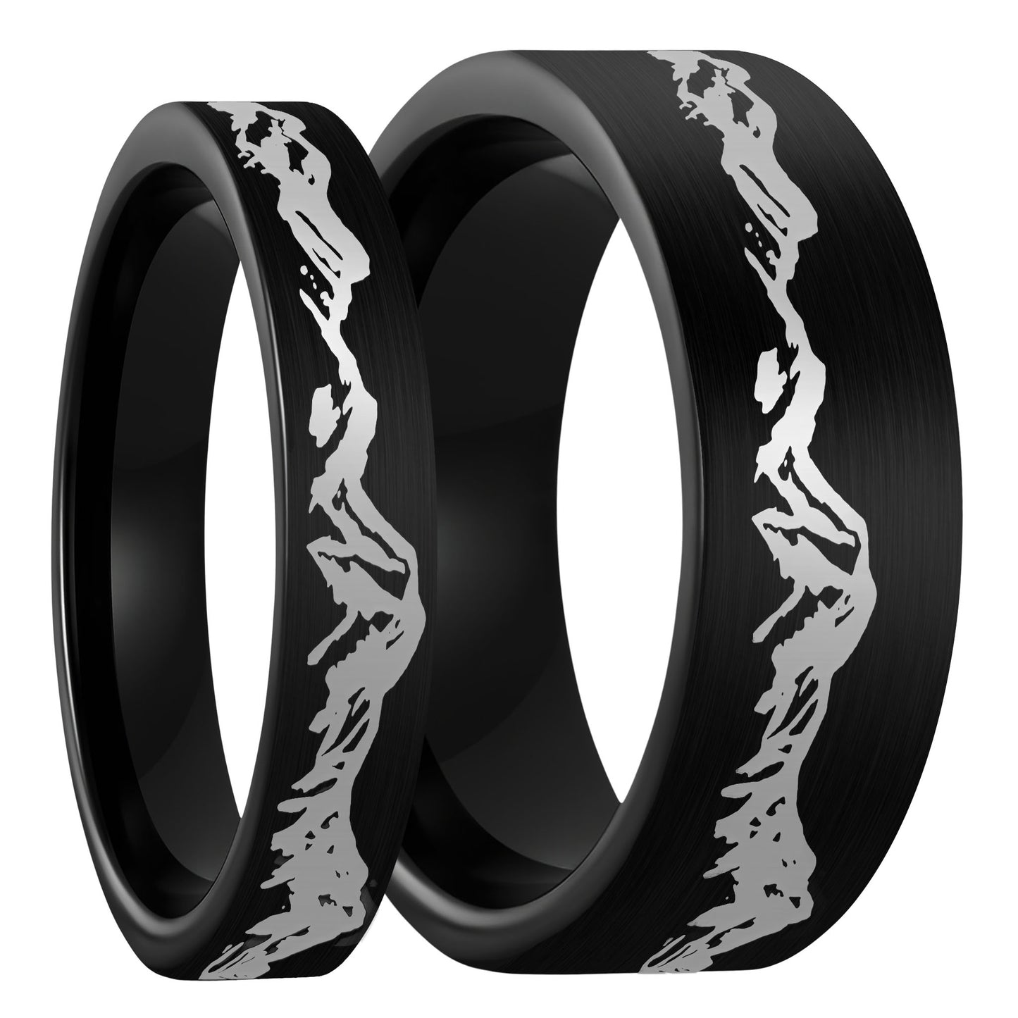 Mountain Range Brushed Black Tungsten Couple's Matching Wedding Band Set