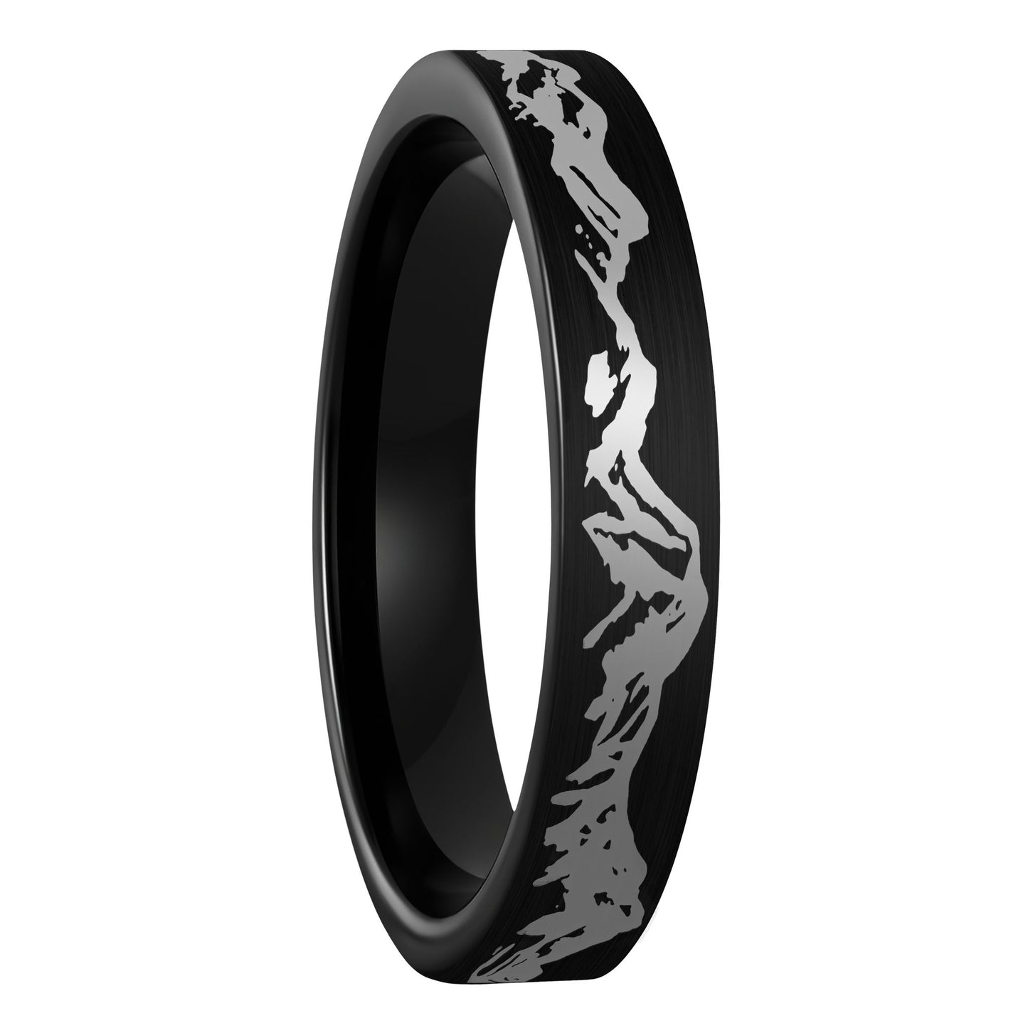 A mountain range brushed black tungsten women's wedding band displayed on a plain white background.
