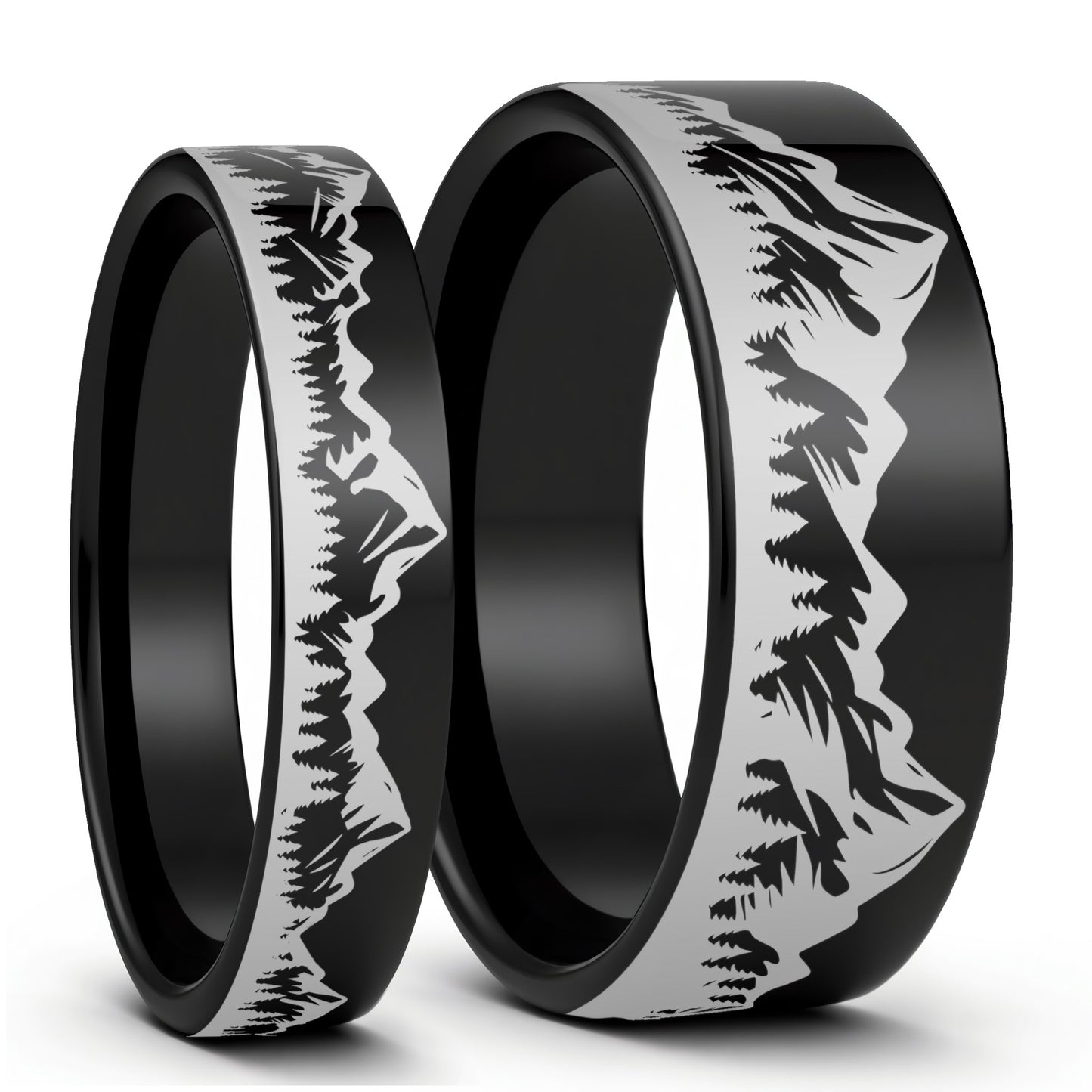 Mountain Range & Forest Tungsten Couple's Matching Wedding Band Set