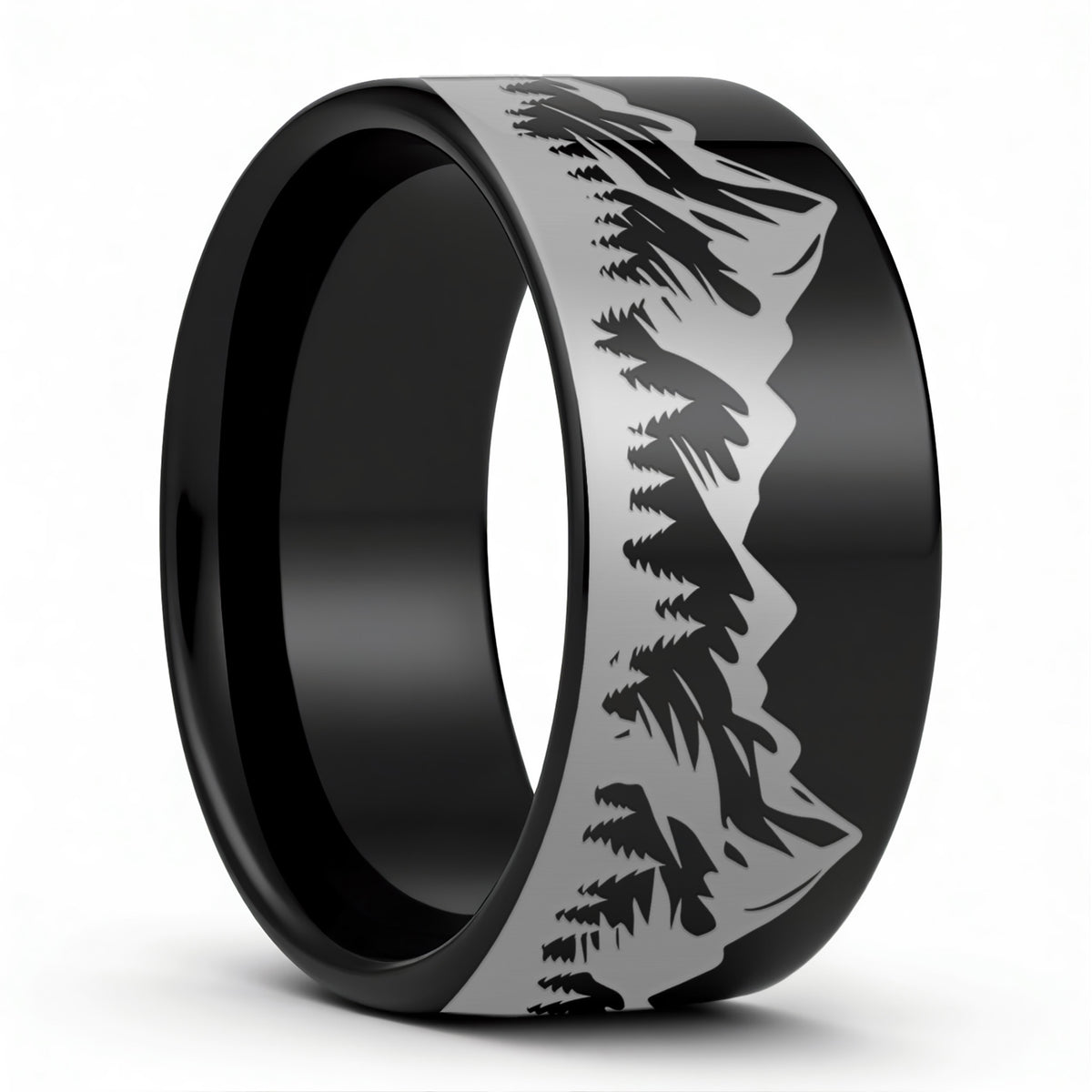 Alliance pour homme en tungstène avec chaîne de montagnes et forêt