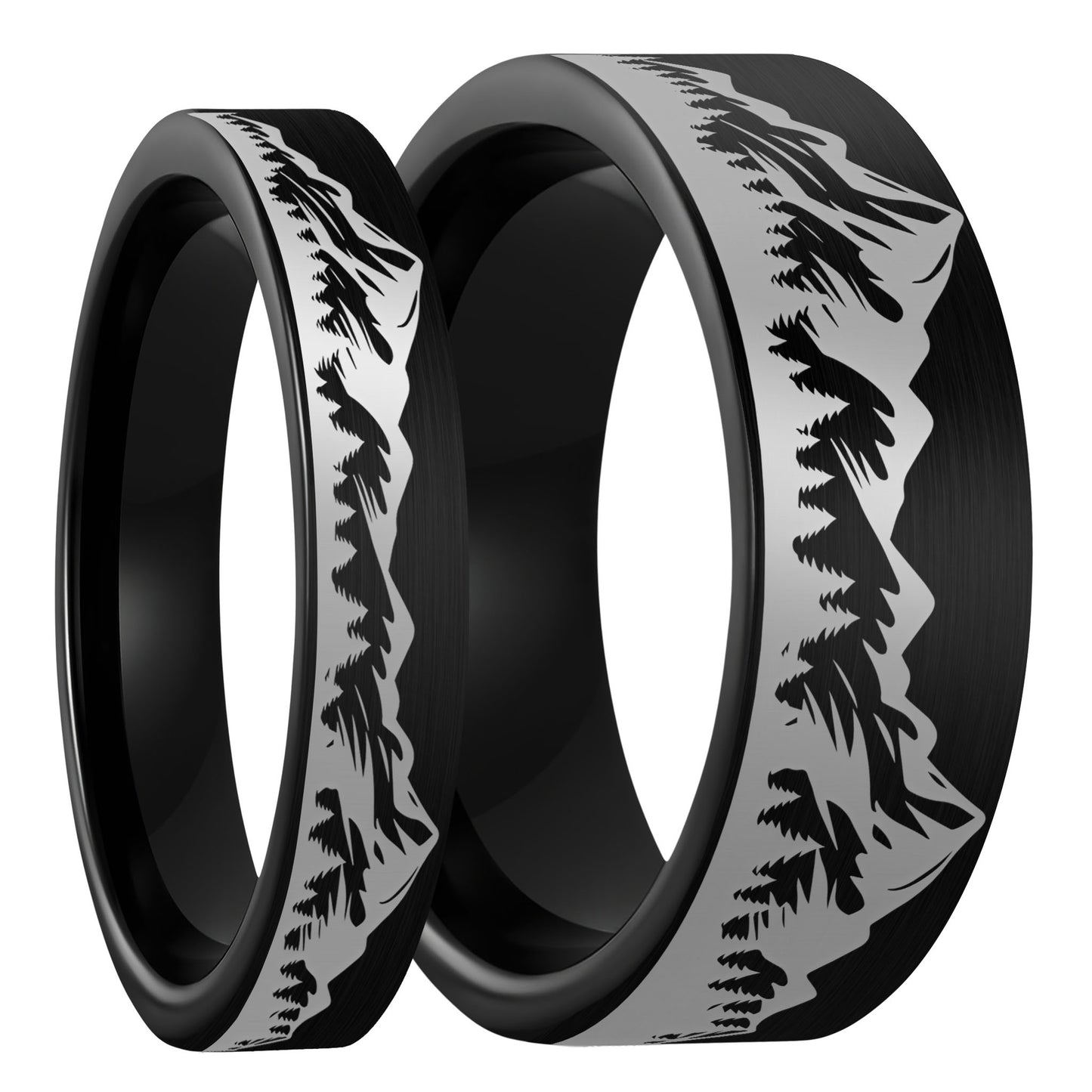 Mountain Range & Forest Brushed Black Tungsten Couple's Matching Wedding Band Set