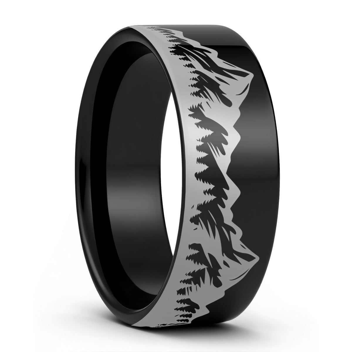 A mountain range forest brushed black tungsten men's wedding band displayed on a plain white background.