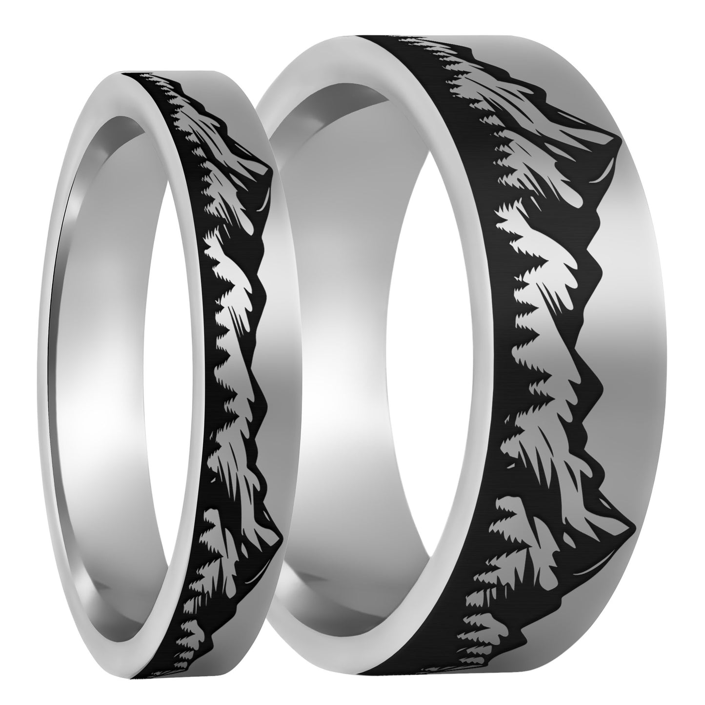 Mountain Range Forest Tungsten Couple's Matching Wedding Band Set