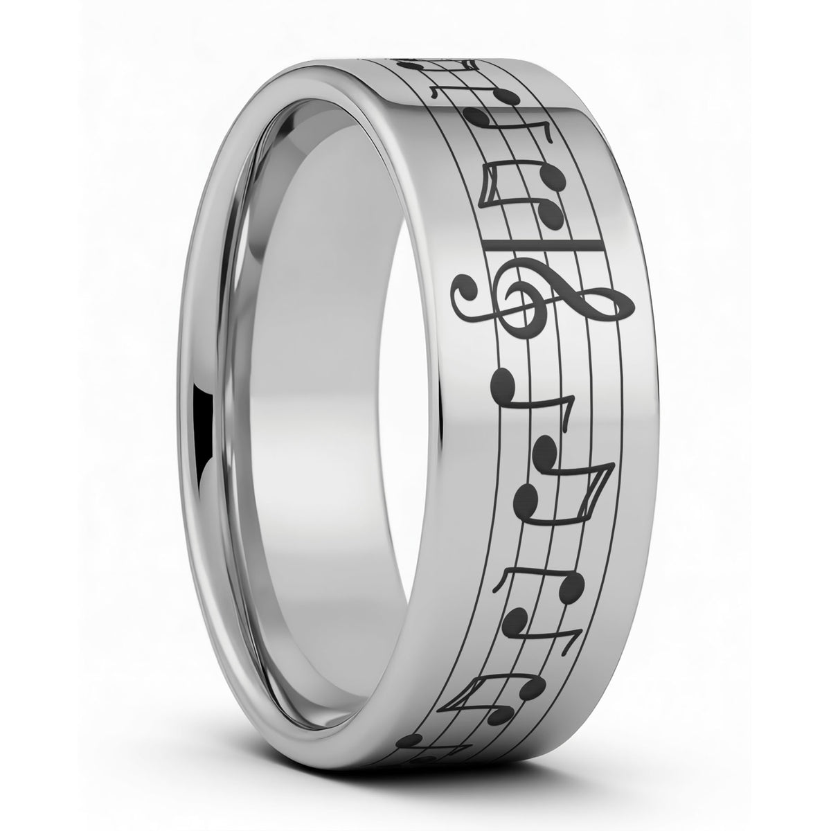 One Music Notes Tungsten Men's Wedding Band displayed on a plain white background