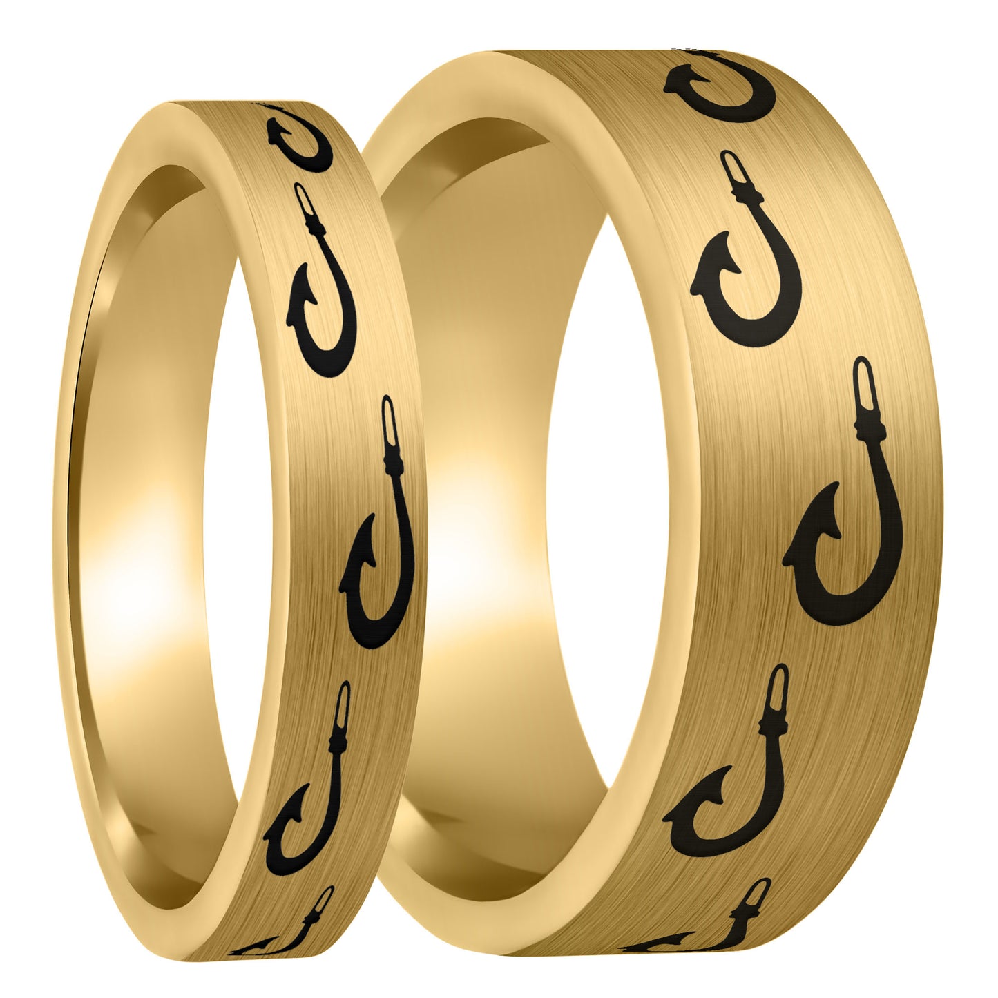 Polynesian Fishing Hook Brushed Gold Tungsten Couple's Matching Wedding Band Set