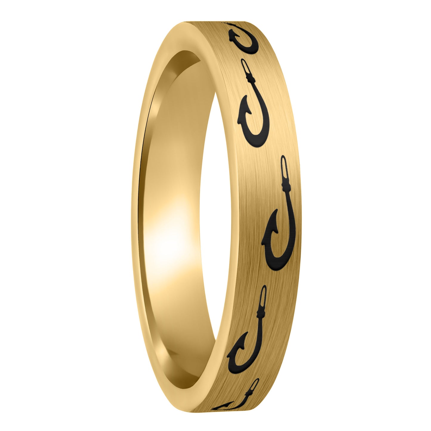 A polynesian fishing hook brushed gold tungsten women's wedding band displayed on a plain white background.