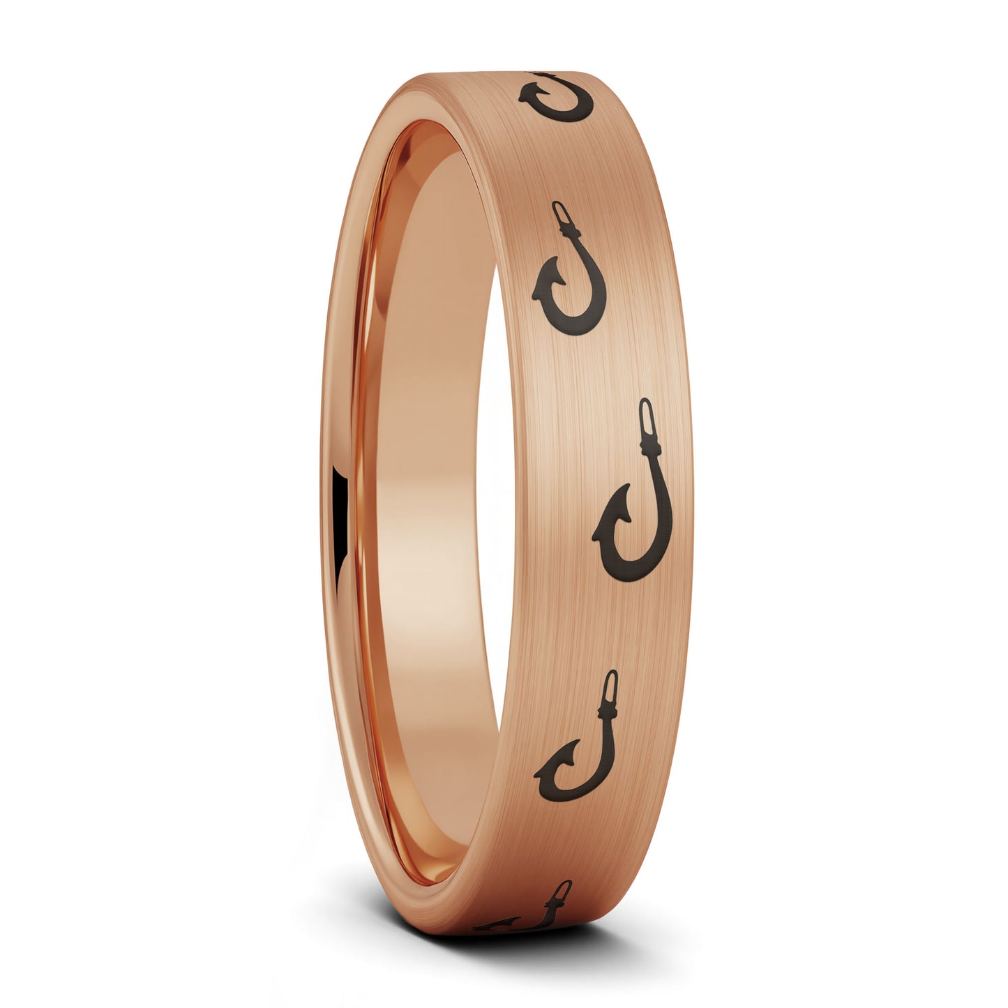 A polynesian fishing hook brushed rose gold tungsten women's wedding band displayed on a plain white background.