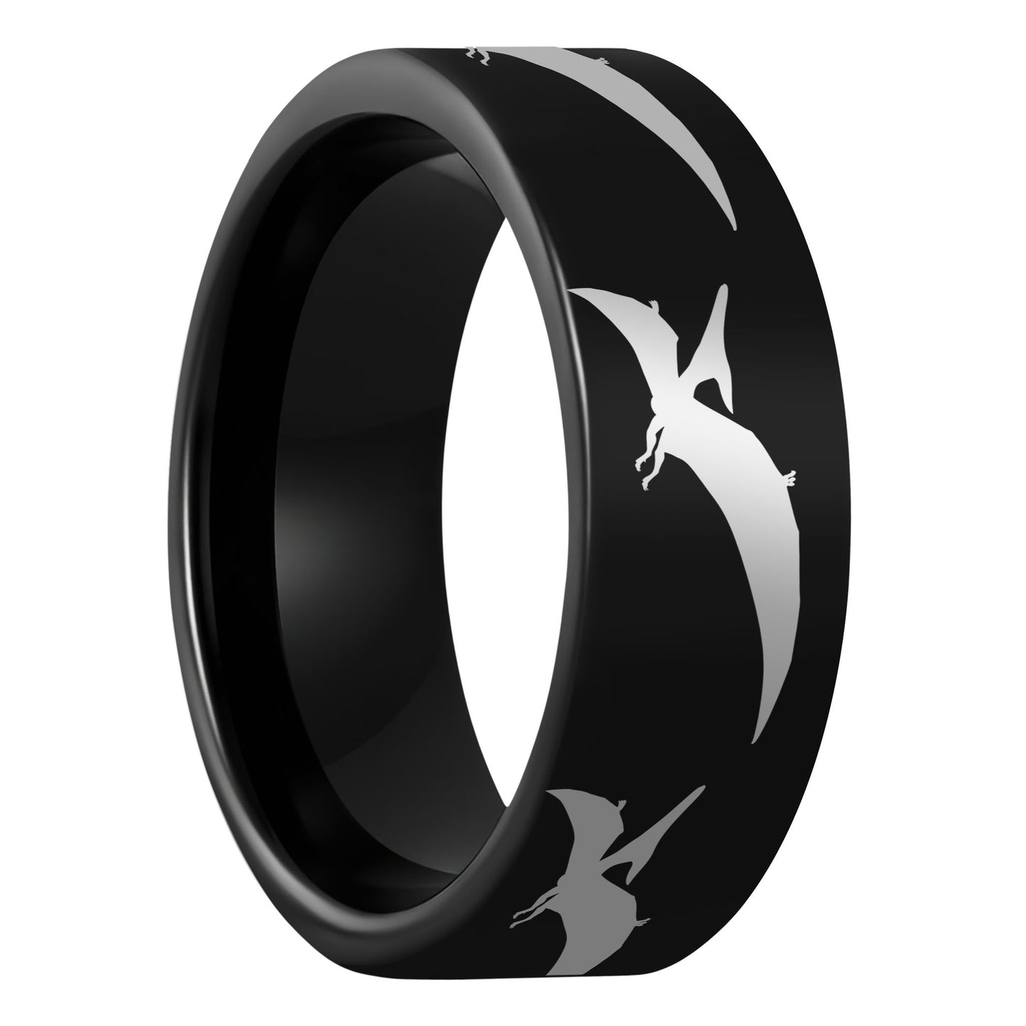One Pterodactyl Dinosaur Black Tungsten Men's Wedding Band displayed on a plain white background