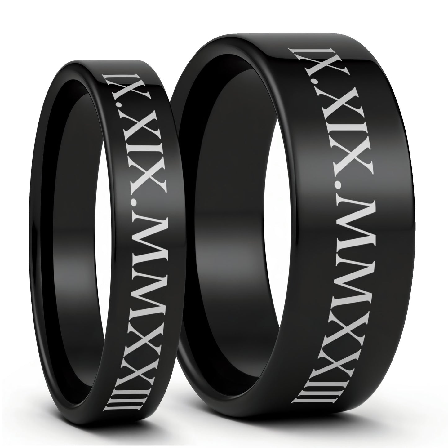 One Roman Numeral Date Black Tungsten Couple's Matching Wedding Band Set displayed on a plain white background