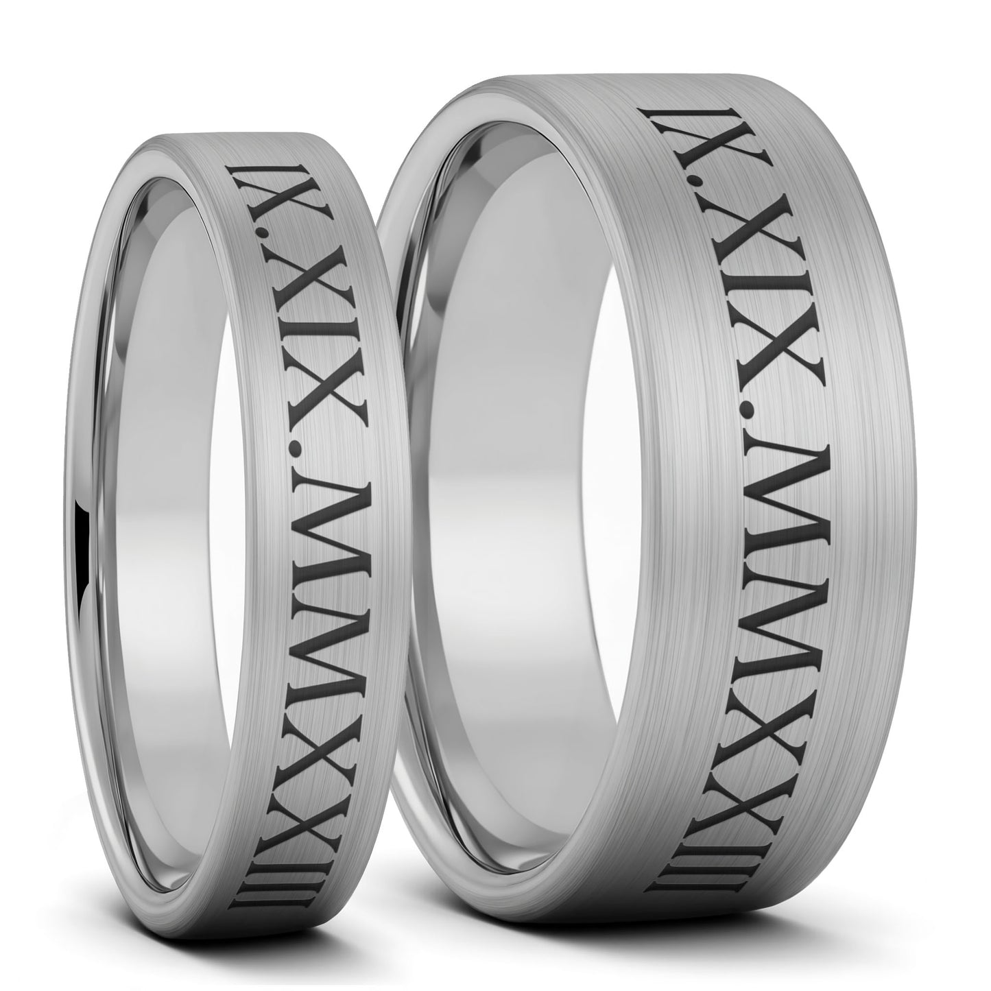 Custom Roman Numeral Date Brushed Tungsten Couple's Matching Wedding Band Set
