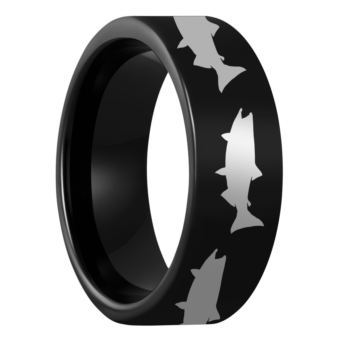 One Salmon Fish Black Tungsten Men's Wedding Band displayed on a plain white background