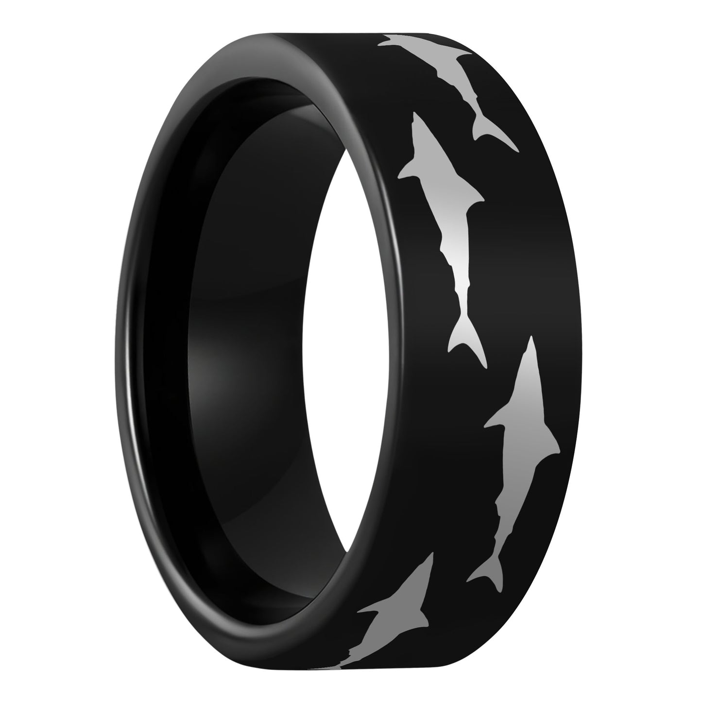 One Shark Black Tungsten Men's Wedding Band displayed on a plain white background