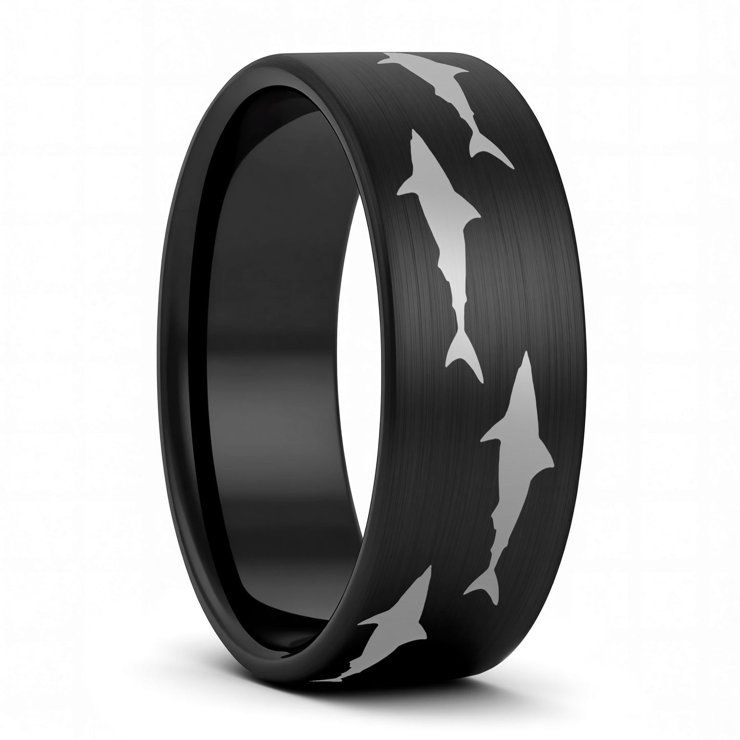 A shark brushed black tungsten men's wedding band displayed on a plain white background.