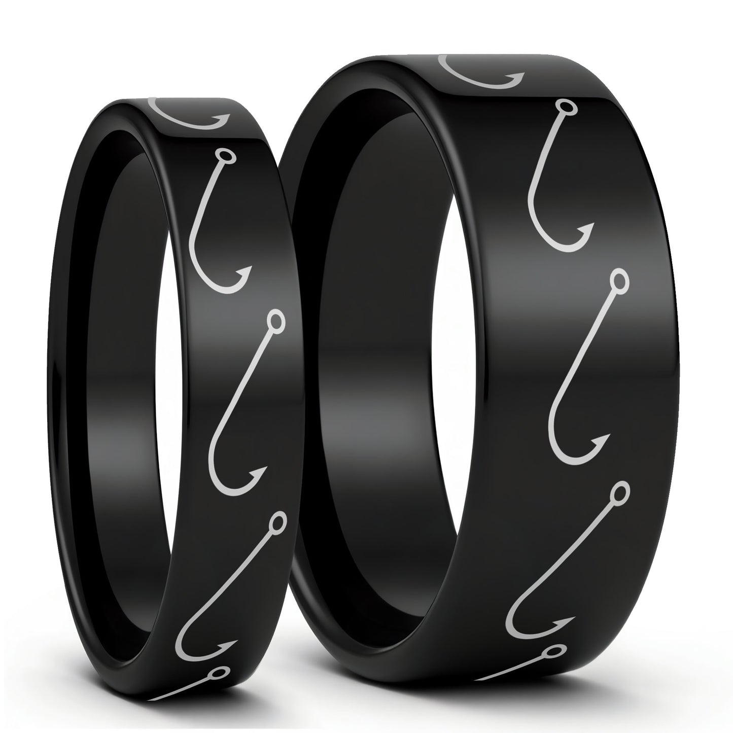 One Simple Fishing Hook Black Tungsten Couple's Matching Wedding Band Set displayed on a plain white background
