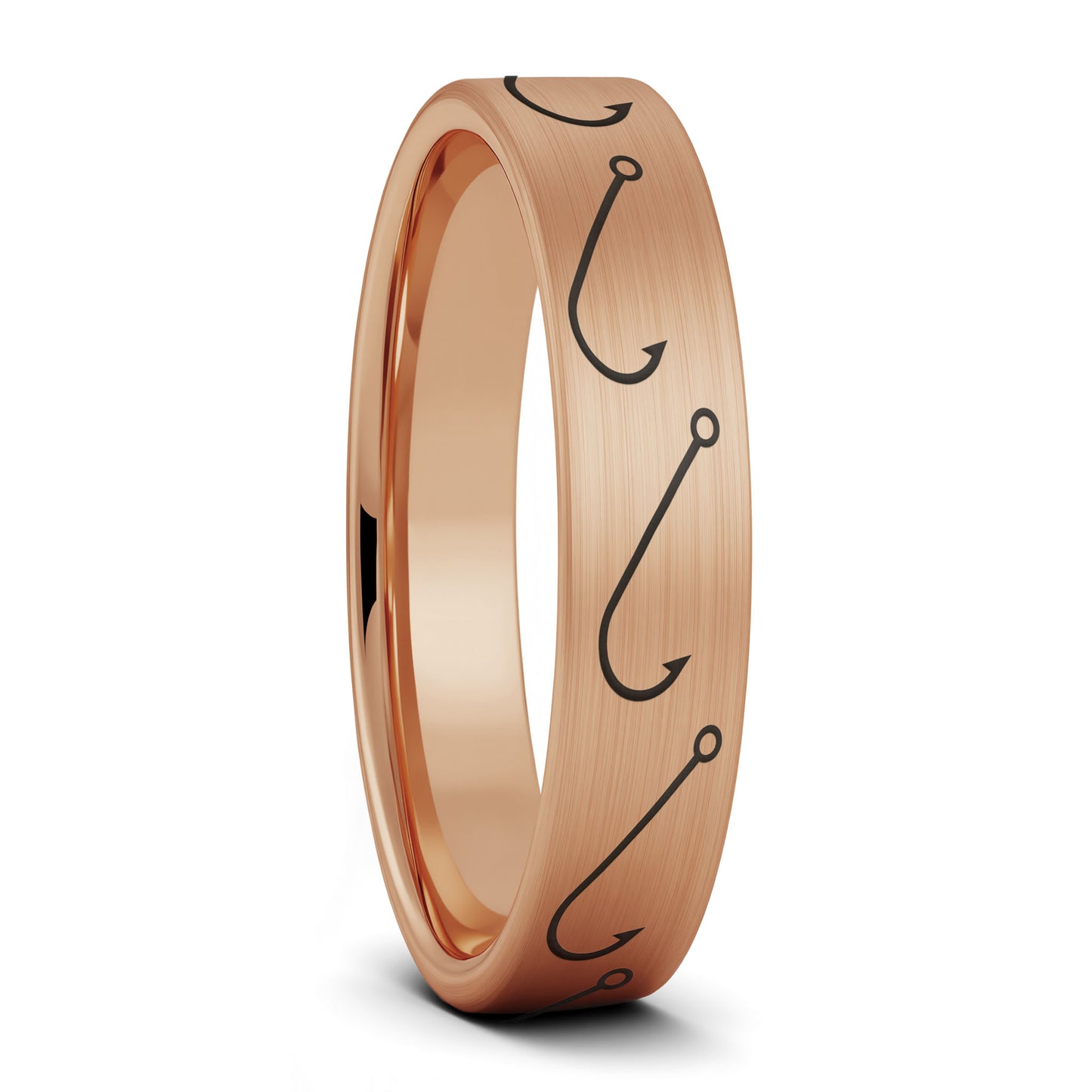 A simple fishing hook brushed rose gold tungsten women's wedding band displayed on a plain white background.