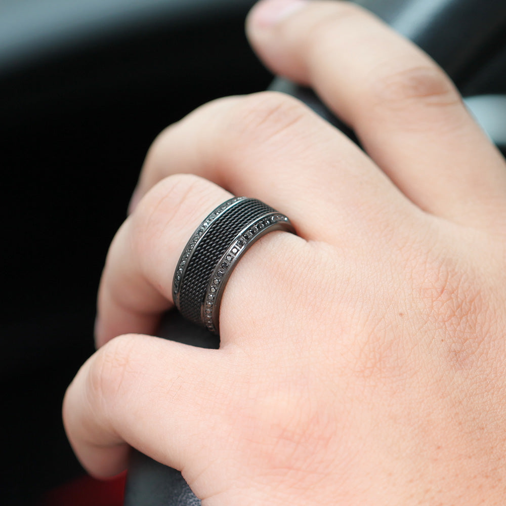 Steel Chain Black Titanium Men's Wedding Band with Black Diamonds