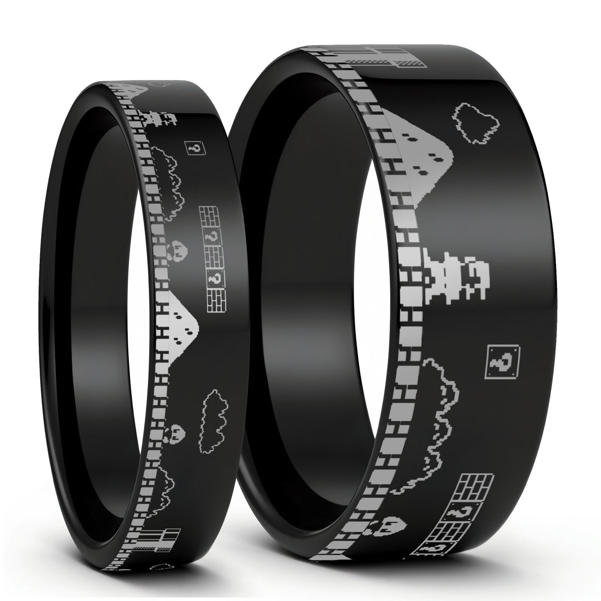 One Super Mario Bros Black Tungsten Couple's Matching Wedding Band Set displayed on a plain white background