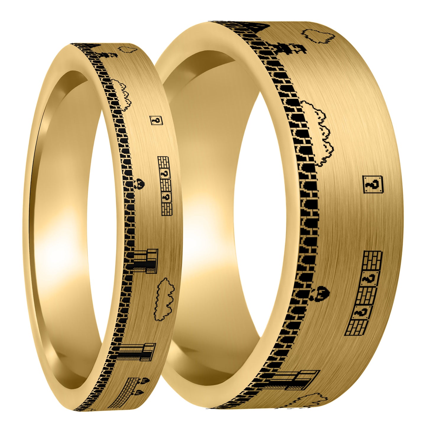 Super Mario Bros Brushed Gold Tungsten Couple's Matching Wedding Band Set