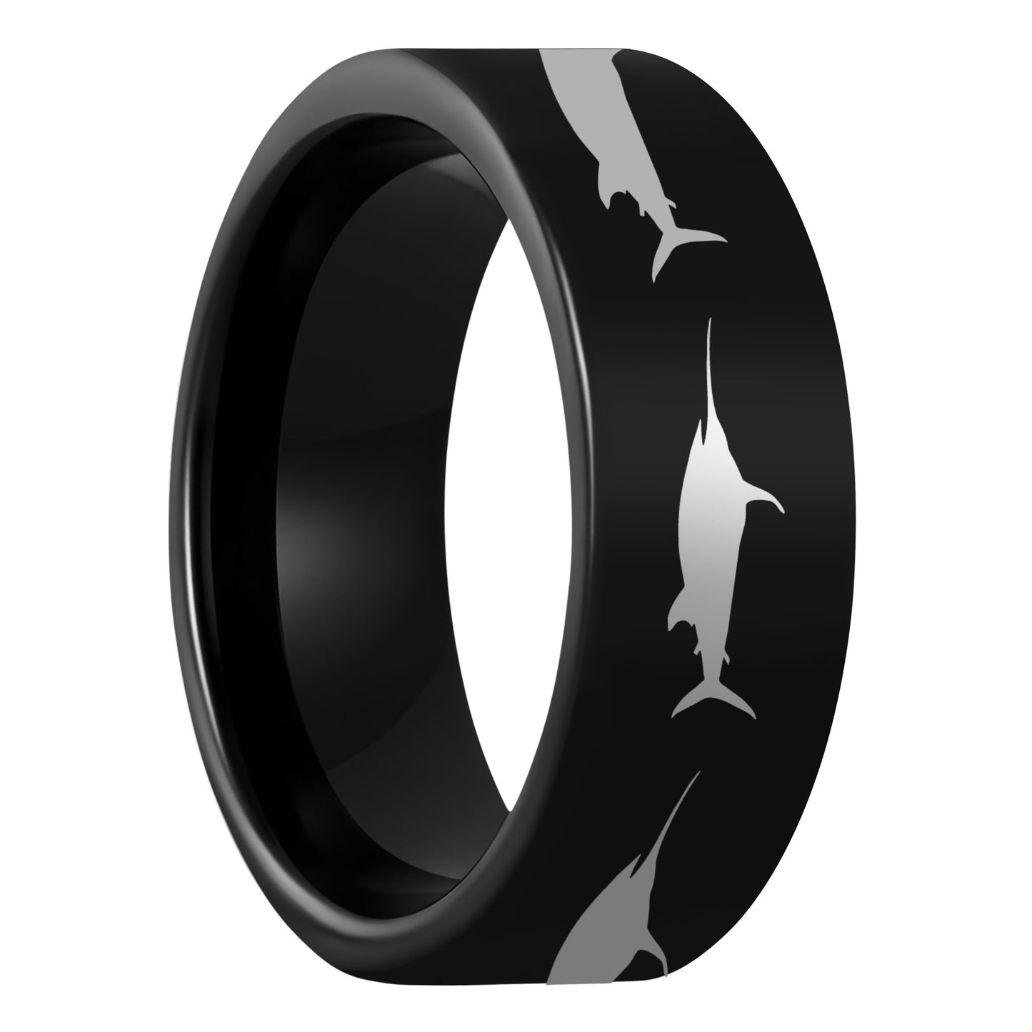 One Swordfish Black Tungsten Men's Wedding Band displayed on a plain white background