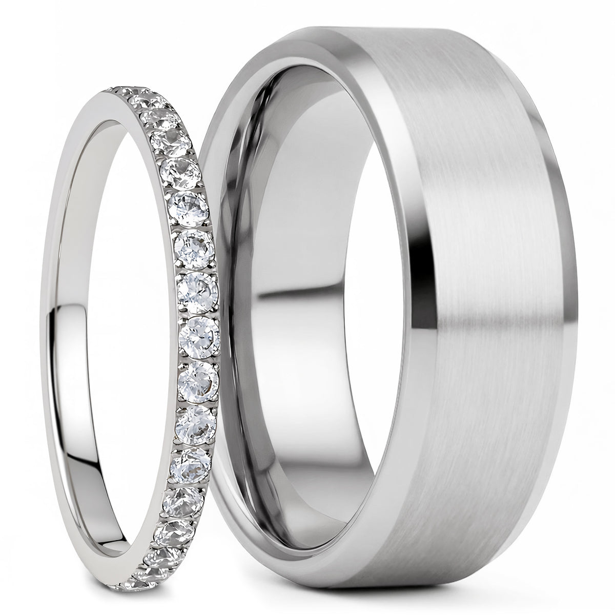 Titanium & Cubic Zirconia Couple's Wedding Band Set
