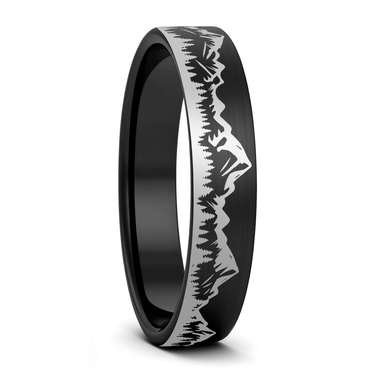 A treeline mountains brushed black tungsten women's wedding band displayed on a plain white background.
