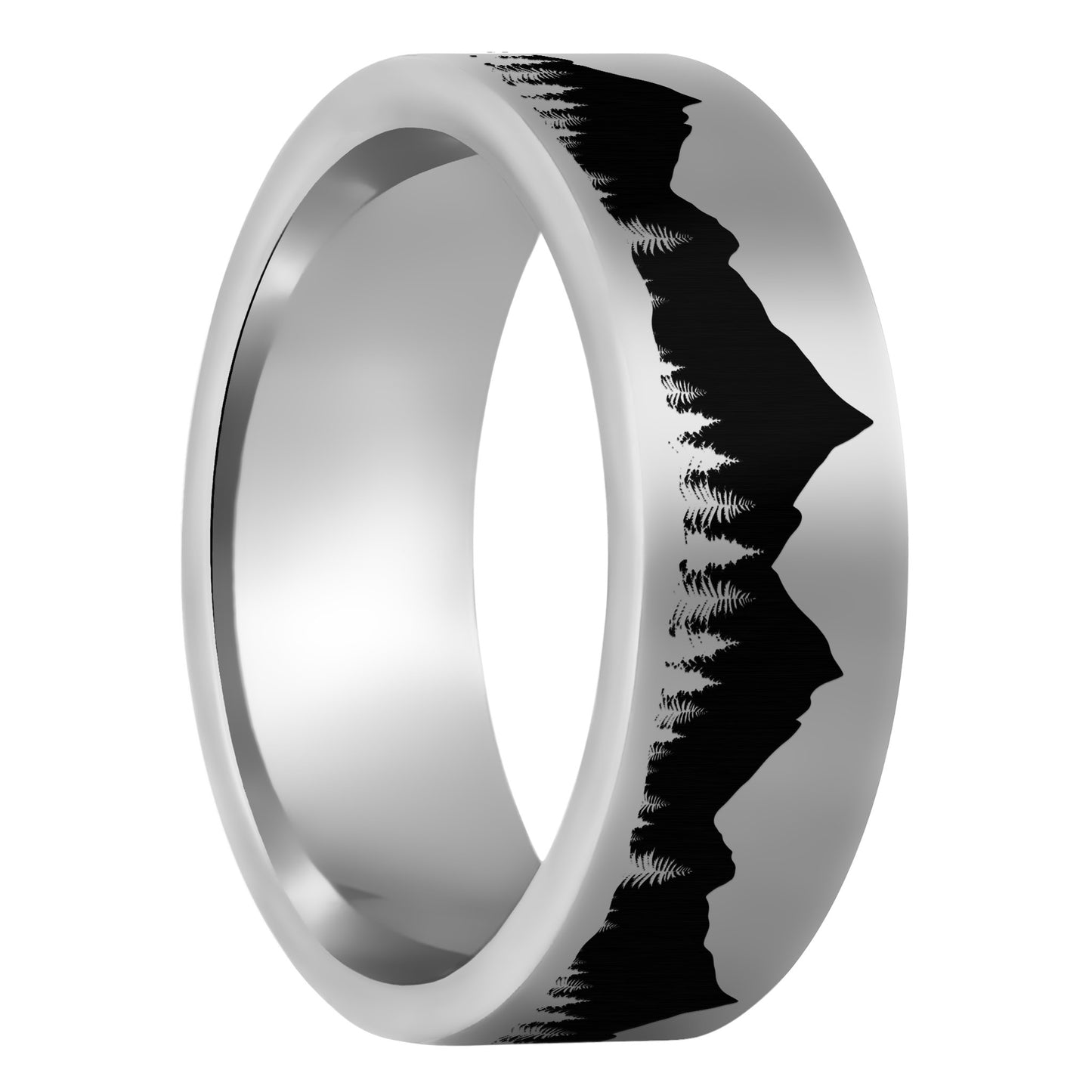 One Treeline & Mountains Tungsten Men's Wedding Band displayed on a plain white background