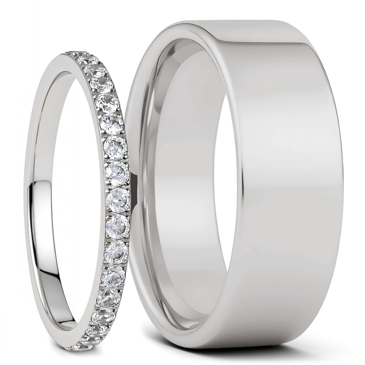 Titanium & Cubic Zirconia Couple's Wedding Band Set