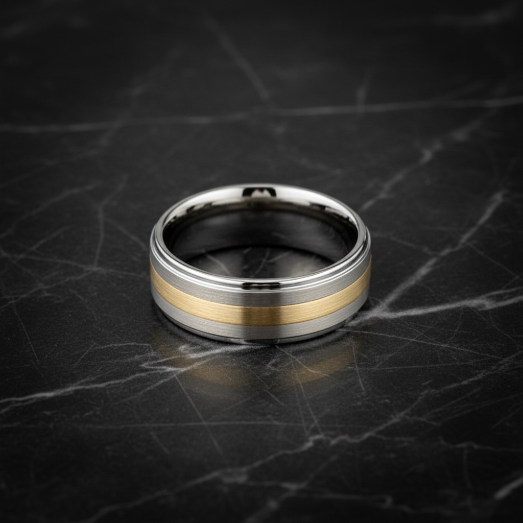 Tungsten Men's Wedding Band with 18k Yellow Gold Inlay